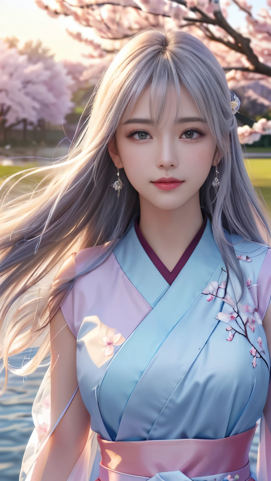 (logo, masterpiece, 8k, table top, RAW photo, wonderful, 最high quality, Photorealistic and hvery detailed CG integrated 8k wallpaper, high quality, very detailed, Narrative poem, particle effects, dynamic effects, Depth of written boundary, cinematic light, Lens flare, ray tracing, anatomically accurate)), fantasy, 1 beautiful woman, silver hair, clear eyes, long hair, beautiful face, real face, 緻密でbeautiful eyes, beautiful skin, long hairがWindでなびく, long hairが跳ねる, long hairがWindで踊る, hair jump, jewelry, beautiful eyes, white kimono, white obi, White cherry blossom embroidery pattern, silver earrings, Wind, blue sky, beautiful background, 古代のWind, Xianxia, pink cherry tree, petals dance, SakuraFubuki, Spectacular view, sunrise, sun on background, Wind, god々, god話, vast land