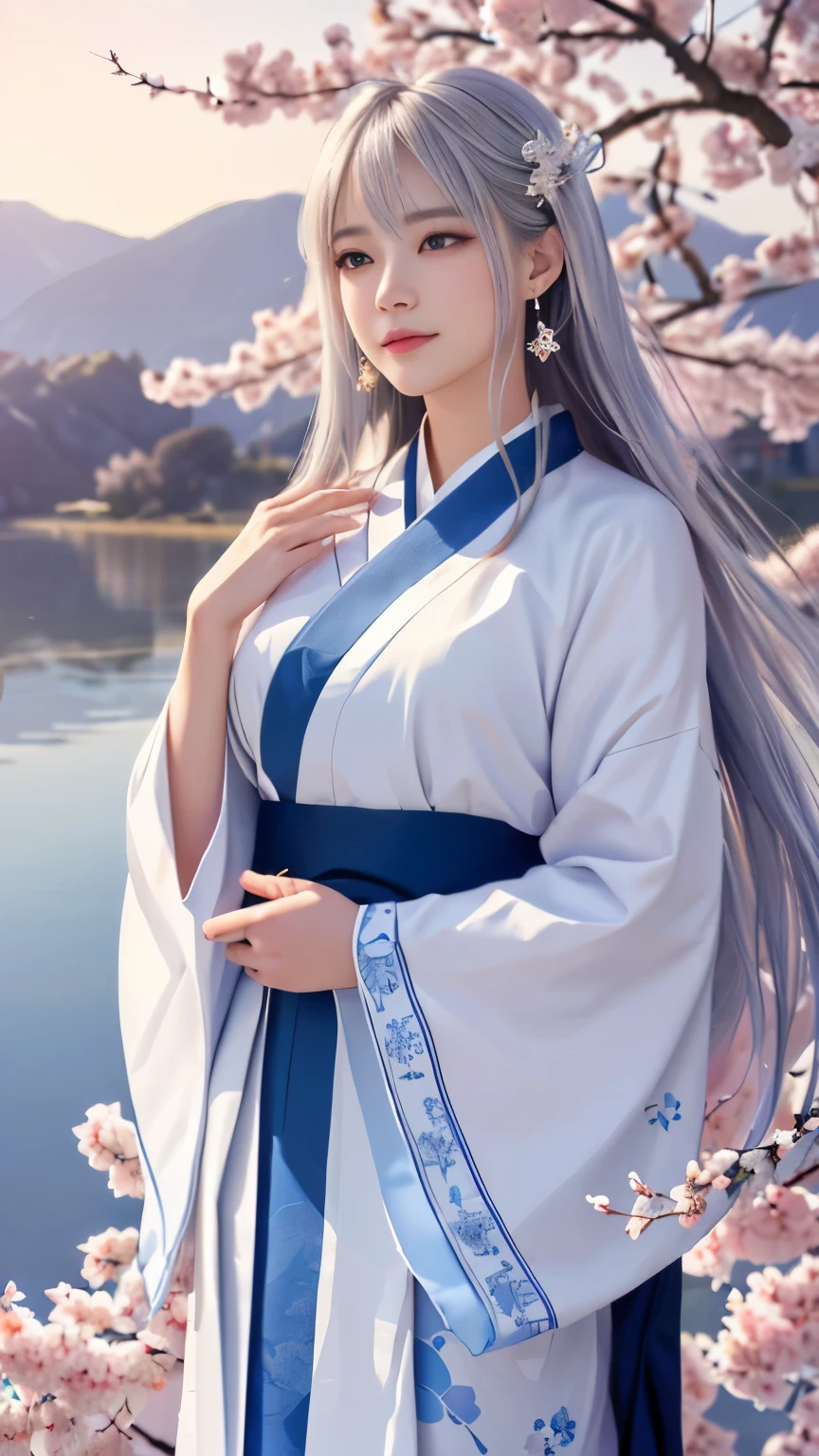 (logo, masterpiece, 8k, table top, RAW photo, wonderful, 最high quality, Photorealistic and hvery detailed CG integrated 8k wallpaper, high quality, very detailed, Narrative poem, particle effects, dynamic effects, Depth of written boundary, cinematic light, Lens flare, ray tracing, anatomically accurate)), fantasy, 1 beautiful woman, silver hair, clear eyes, long hair, beautiful face, real face, 緻密でbeautiful eyes, beautiful skin, long hairがWindでなびく, long hairが跳ねる, long hairがWindで踊る, hair jump, jewelry, beautiful eyes, white kimono, white obi, White cherry blossom embroidery pattern, silver earrings, Wind, blue sky, beautiful background, 古代のWind, Xianxia, pink cherry tree, petals dance, SakuraFubuki, Spectacular view, sunrise, sun on background, Wind, god々, god話, vast land