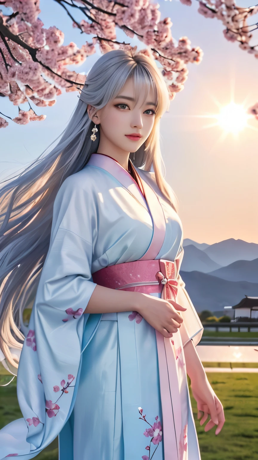 (logo, masterpiece, 8k, table top, RAW photo, wonderful, 最high quality, Photorealistic and hvery detailed CG integrated 8k wallpaper, high quality, very detailed, Narrative poem, particle effects, dynamic effects, Depth of written boundary, cinematic light, Lens flare, ray tracing, anatomically accurate)), fantasy, 1 beautiful woman, silver hair, clear eyes, long hair, beautiful face, real face, 緻密でbeautiful eyes, beautiful skin, long hairがWindでなびく, long hairが跳ねる, long hairがWindで踊る, hair jump, jewelry, beautiful eyes, white kimono, white obi, White cherry blossom embroidery pattern, silver earrings, Wind, blue sky, beautiful background, 古代のWind, Xianxia, pink cherry tree, petals dance, SakuraFubuki, Spectacular view, sunrise, sun on background, Wind, god々, god話, vast land