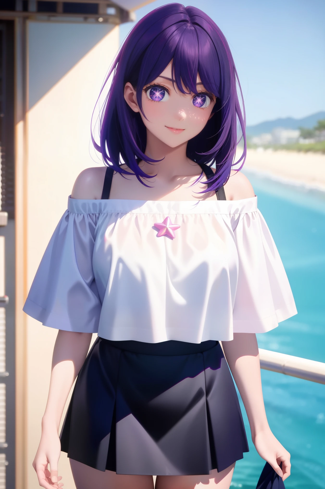 1girl, purple hair, Star eyes, Ai hoshino, masterpiece level work，Best Picture Quality，Facing the camera，ssmile，short skirt，Raised sexy，look straight at the camera，short black hair，perfect bodies，beachshop，Off-the-shoulder attire。Large breasts, revealing clothes, beautiful eyes, High quality, sexy pose, happy face, eye contact, skinny , perfect febric , realistic 