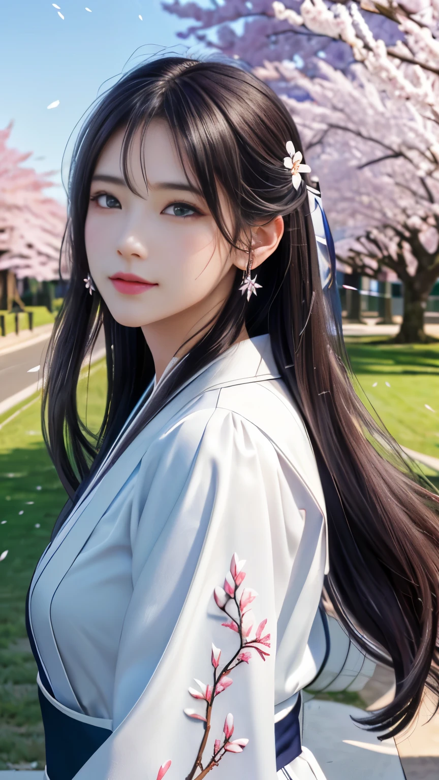 (logo, masterpiece, 8k, table top, RAW photo, wonderful, 最high quality, Photorealistic and hvery detailed CG integrated 8k wallpaper, high quality, very detailed, Narrative poem, particle effects, dynamic effects, Depth of written boundary, cinematic light, Lens flare, ray tracing, anatomically accurate)), fantasy, 1 beautiful woman, silver hair, clear eyes, long hair, beautiful face, real face, 緻密でbeautiful eyes, beautiful skin, long hairがWindでなびく, long hairが跳ねる, long hairがWindで踊る, hair jump, jewelry, beautiful eyes, white kimono, white obi, White cherry blossom embroidery pattern, silver earrings, Wind, blue sky, beautiful background, 古代のWind, Xianxia, pink cherry tree, petals dance, SakuraFubuki, Spectacular view, sunrise, sun on background, Wind, god々, god話, vast land