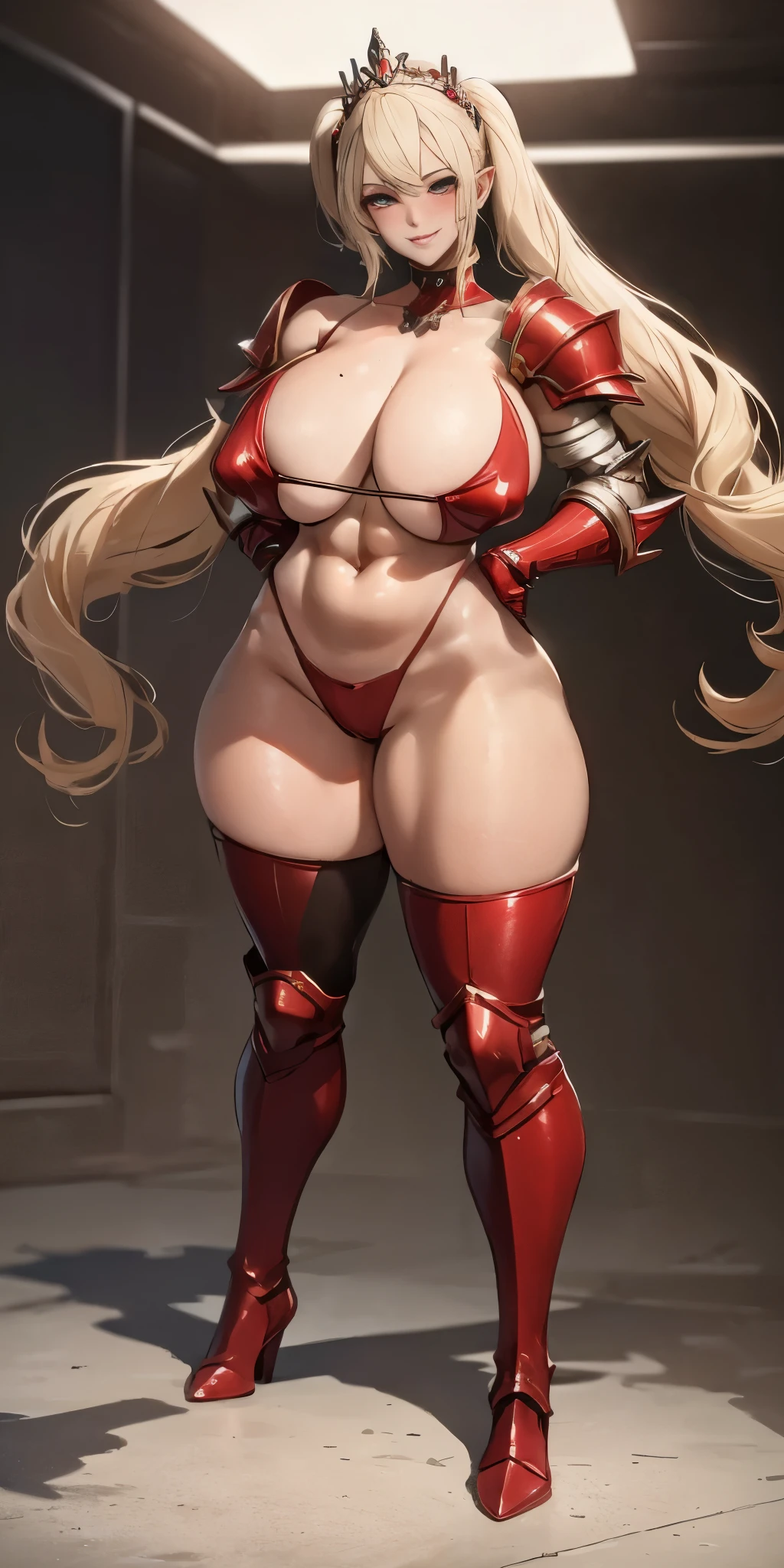 full body, def_effie, RED breastplate, RED skin, looking at viewer, shiny,armor, thighhighs, high boots,shoulder armor, faulds, poleyn, gloves, gauntlets, Rerebrace armored boots, pauldronasterpiece, best quality, ultra-detailed, best shadow) yordle (1girl)( RED skin:1.2) pointy ears muscular lean platinum blonde long twin-tails hairstyle at the office lustful smirking smile face red blushed, blush, strong abs, female body builder, tiara, twin drills hair