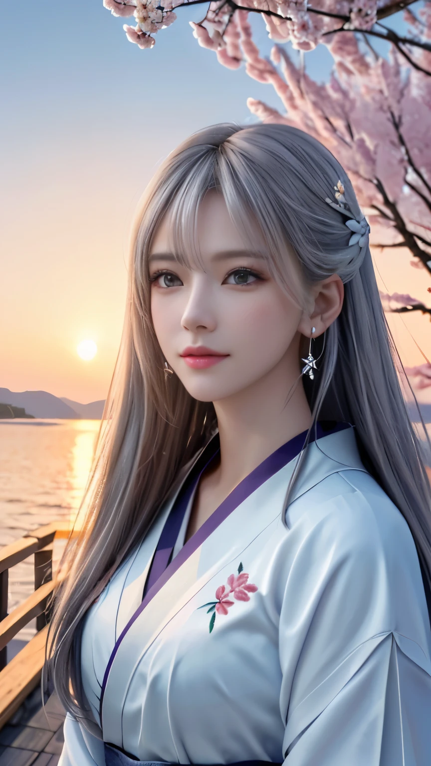 (logo, masterpiece, 8k, table top, RAW photo, wonderful, 最high quality, Photorealistic and hvery detailed CG integrated 8k wallpaper, high quality, very detailed, Narrative poem, particle effects, dynamic effects, Depth of written boundary, cinematic light, Lens flare, ray tracing, anatomically accurate)), fantasy, 1 beautiful woman, silver hair, clear eyes, long hair, beautiful face, real face, 緻密でbeautiful eyes, beautiful skin, long hairがWindでなびく, long hairが跳ねる, long hairがWindで踊る, hair jump, jewelry, beautiful eyes, white kimono, white obi, White cherry blossom embroidery pattern, silver earrings, Wind, blue sky, beautiful background, 古代のWind, Xianxia, pink cherry tree, petals dance, SakuraFubuki, Spectacular view, sunrise, sun on background, Wind, god々, god話, vast land