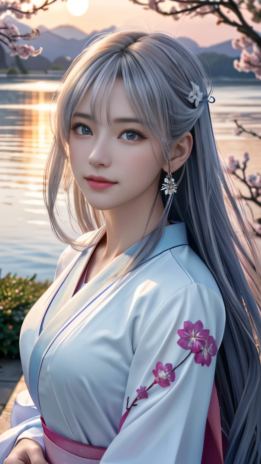 (logo, masterpiece, 8k, table top, RAW photo, wonderful, 最high quality, Photorealistic and hvery detailed CG integrated 8k wallpaper, high quality, very detailed, Narrative poem, particle effects, dynamic effects, Depth of written boundary, cinematic light, Lens flare, ray tracing, anatomically accurate)), fantasy, 1 beautiful woman, silver hair, clear eyes, long hair, beautiful face, real face, 緻密でbeautiful eyes, beautiful skin, long hairがWindでなびく, long hairが跳ねる, long hairがWindで踊る, hair jump, jewelry, beautiful eyes, white kimono, white obi, White cherry blossom embroidery pattern, silver earrings, Wind, blue sky, beautiful background, 古代のWind, Xianxia, pink cherry tree, petals dance, SakuraFubuki, Spectacular view, sunrise, sun on background, Wind, god々, god話, vast land