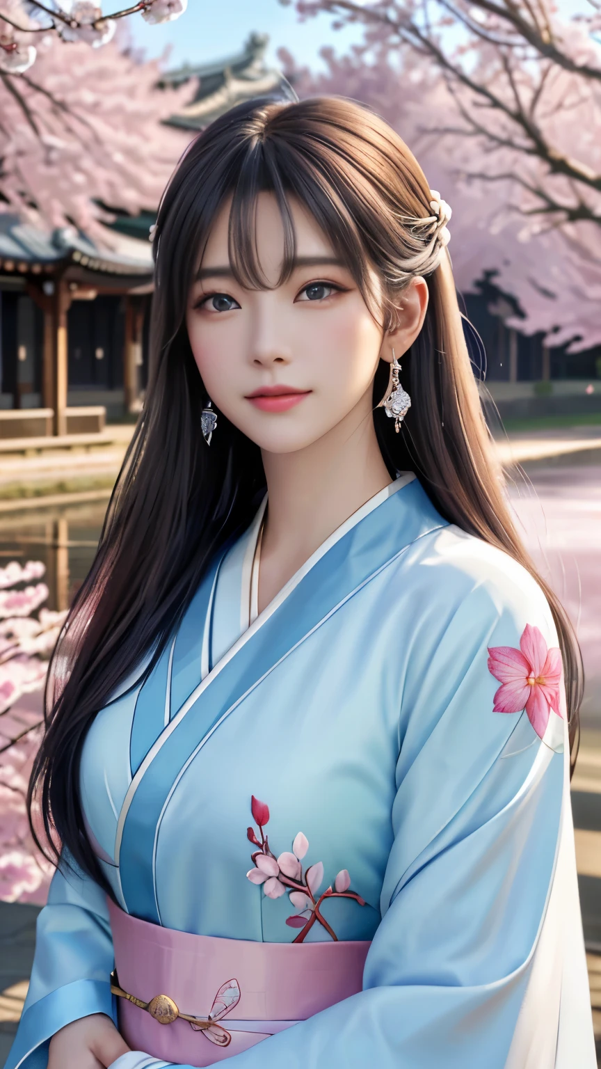 (logo, masterpiece, 8k, table top, RAW photo, wonderful, 最high quality, Photorealistic and hvery detailed CG integrated 8k wallpaper, high quality, very detailed, Narrative poem, particle effects, dynamic effects, Depth of written boundary, cinematic light, Lens flare, ray tracing, anatomically accurate)), fantasy, 1 beautiful woman, silver hair, clear eyes, long hair, beautiful face, real face, 緻密でbeautiful eyes, beautiful skin, long hairがWindでなびく, long hairが跳ねる, long hairがWindで踊る, hair jump, jewelry, beautiful eyes, white kimono, white obi, White cherry blossom embroidery pattern, silver earrings, Wind, blue sky, beautiful background, 古代のWind, Xianxia, pink cherry tree, petals dance, SakuraFubuki, Spectacular view, sunrise, sun on background, Wind, god々, god話, vast land