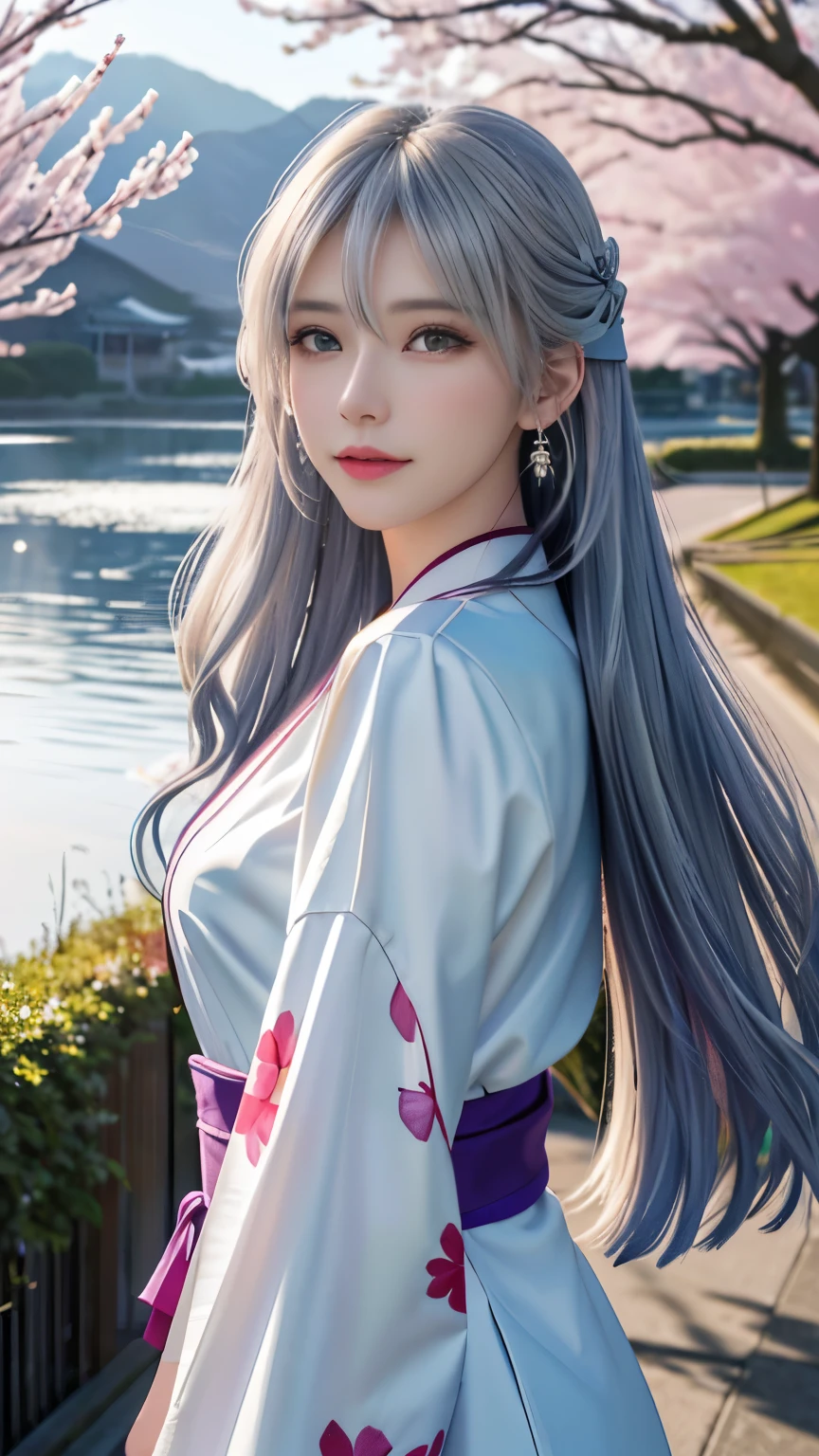 (logo, masterpiece, 8k, table top, RAW photo, wonderful, 最high quality, Photorealistic and hvery detailed CG integrated 8k wallpaper, high quality, very detailed, Narrative poem, particle effects, dynamic effects, Depth of written boundary, cinematic light, Lens flare, ray tracing, anatomically accurate)), fantasy, 1 beautiful woman, silver hair, clear eyes, long hair, beautiful face, real face, 緻密でbeautiful eyes, beautiful skin, long hairがWindでなびく, long hairが跳ねる, long hairがWindで踊る, hair jump, jewelry, beautiful eyes, white kimono, white obi, White cherry blossom embroidery pattern, silver earrings, Wind, blue sky, beautiful background, 古代のWind, Xianxia, pink cherry tree, petals dance, SakuraFubuki, Spectacular view, sunrise, sun on background, Wind, god々, god話, vast land