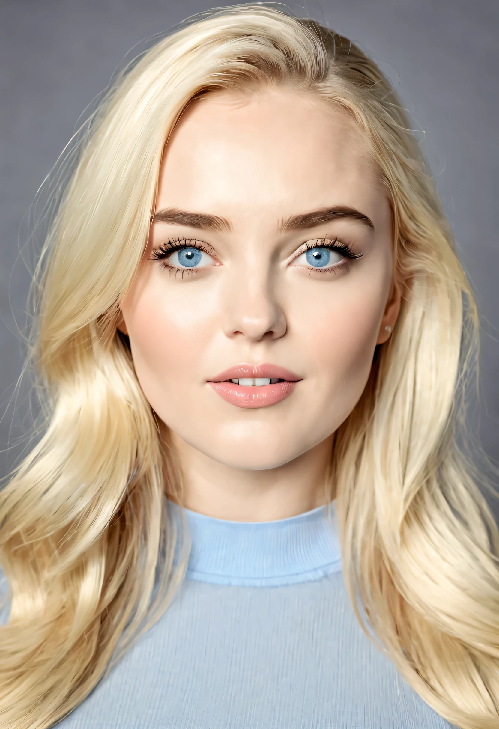  ((32K (real photo, realism, photoRealistic, Raw-Photo, ultra high resolution:1.4, Best quality:1.4, Masterpiece:1.4, ultra Realistic: 1.4), ultra wide angle, (Upper body visible:1.5), (only a strong view into the camera), (just a strong head and shoulders, aimed directly at the camera:1.5), (foreground:1.5), (centered), (Center of frame))), elegant, radiant beauty, 1 girl, (One), Attractive proportions, snapshot, (Genevieve Morton&#39;s ideal facial features, Florence Pugh's ultra Realistic eyebrows, Heather Graham's blue eyes, The structure of Lucy Liu&#39;s nose, Kerry Washington's lips structure), (golden ratio Face), (expressive, symmetric, brilliant!!, very detailed, luminous, Kind, blue!!, Beautiful detailed, extremely detailed, long eyelashes, Fascinating look, Sparkling, expressive) eyes, (the eyes are on the same level relative to each other), (normal-sized Iris), ((pale, white, clean, transparent, wet!!, brilliant glossy, oily!!) skin), (extra-long blonde hair), (white hair roots), ultra Realistic hair, ((blush, dimples!) Cheeks), (complete absence of makeup), (Very complete, Gloss on) lips, (she has a slight smile), (ears out), Realistic fine textures, Realistic (skin!!, Face, pores!!, eyes!!, Iris!!, teeth, texture!, hair!!, shine, color!!, Flaws, detailed skin), brilliant (skin, Face, pores, eyes, Iris, teeth, texture, hair!!), symmetric (body, Face, eyes!!), (Professional lighting, luminous, shadows), (soft, smoother) lighting, vibrant colors, sharp focus, (Carl Zeiss Shot on a 220mm lens, диафрагма f/1.2, ISO 3000), standing on a gray background 