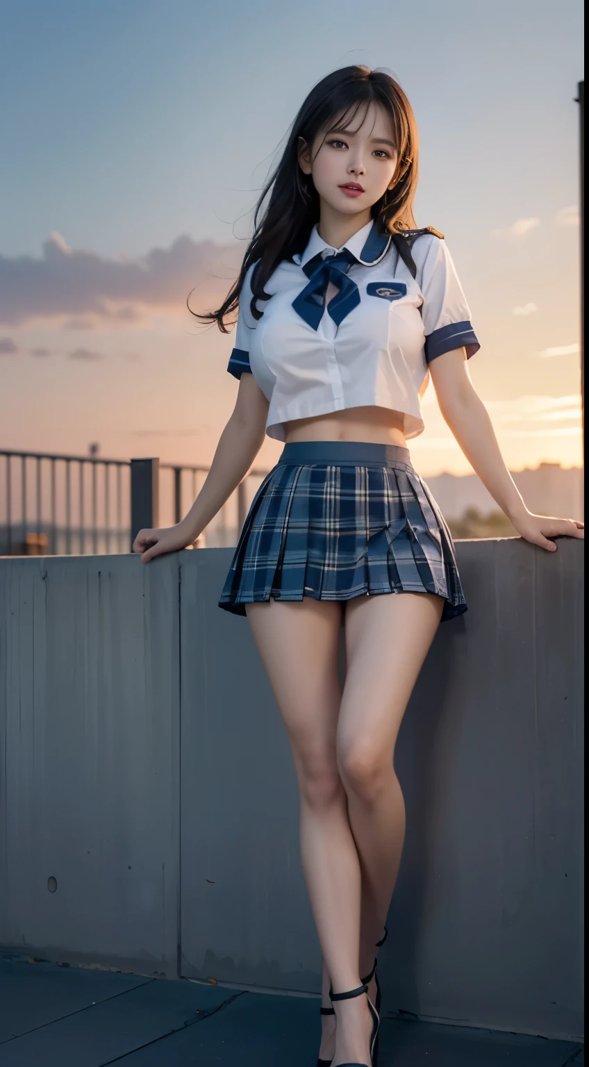 (highest quality:1.4), (hyper quality), (Super detailedな), 1 beautiful girl, So cute, wonderful face and eyes, (school uniform, Blue checked pleated micro mini skirt:1.5), (on skirt:1.9), (Beautiful and incredibly big breasts:1.3), (slender body:1.1), (thin legs), (very thin waist), realistic skin texture, bangs:1.3, bright and glossy lips, Beautiful goddess descends, beautiful background, golden ratio, conceptual art, Super detailed, Accurate, advanced details, outdoors, sexy art, surrounded by a beautiful sunset, bright light, Super delicate illustration details, 8K wallpaper that integrates high-definition CG, RAW photo, professional photos, cinematic lighting, written boundary depth, (No bra under the uniform:1.2), (You can see the shape of the nipple protrusions through the uniform.), (The nipple protrusions push up the uniform), cropped tops, (High heels on bare feet)