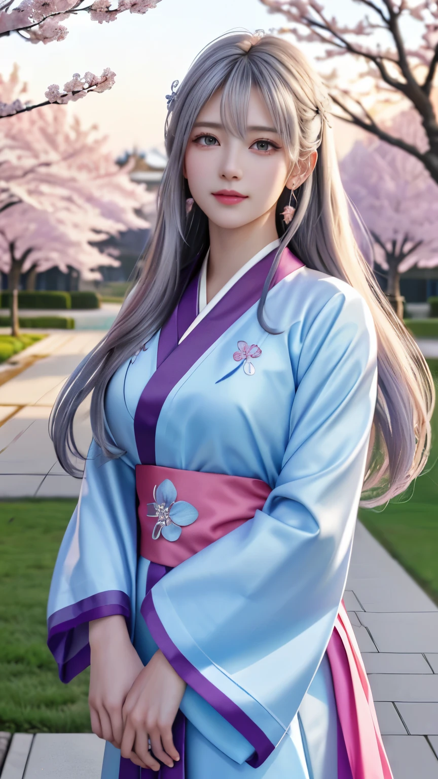 (logo, masterpiece, 8k, table top, RAW photo, wonderful, 最high quality, Photorealistic and hvery detailed CG integrated 8k wallpaper, high quality, very detailed, Narrative poem, particle effects, dynamic effects, Depth of written boundary, cinematic light, Lens flare, ray tracing, anatomically accurate)), fantasy, 1 beautiful woman, silver hair, clear eyes, long hair, beautiful face, real face, 緻密でbeautiful eyes, beautiful skin, long hairがWindでなびく, long hairが跳ねる, long hairがWindで踊る, hair jump, jewelry, beautiful eyes, white kimono, white obi, White cherry blossom embroidery pattern, silver earrings, Wind, blue sky, beautiful background, 古代のWind, Xianxia, pink cherry tree, petals dance, SakuraFubuki, Spectacular view, sunrise, sun on background, Wind, god々, god話, vast land