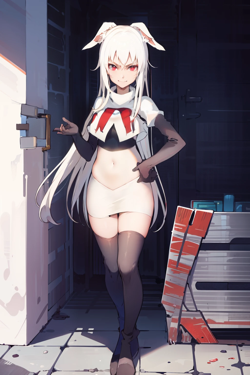 best quality, masterpiece, detailed, fantasy,
tyuule,
closed mouth, smirk,
white hair, very long hair, rabbit ears, red eyes, rabbit tail,
navel, team rocket,team rocket uniform, red letter R, white skirt,white crop top,black thigh-highs,black elbow gloves
looking at the viewer,