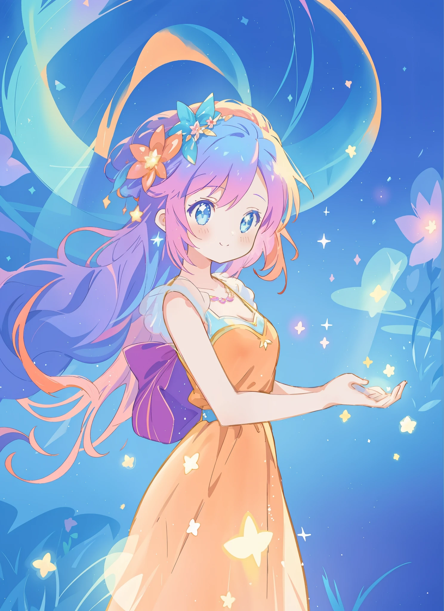 beautiful girl in gold orange ballgown, long sparkling liquid blue purple pink hair, colorful fantasia background, watercolor illustration, disney art style, glowing aura around her, glowing lights, beautiful digital illustration, fantasia otherworldly landscape plants flowers, beautiful, masterpiece, best quality, anime disney style