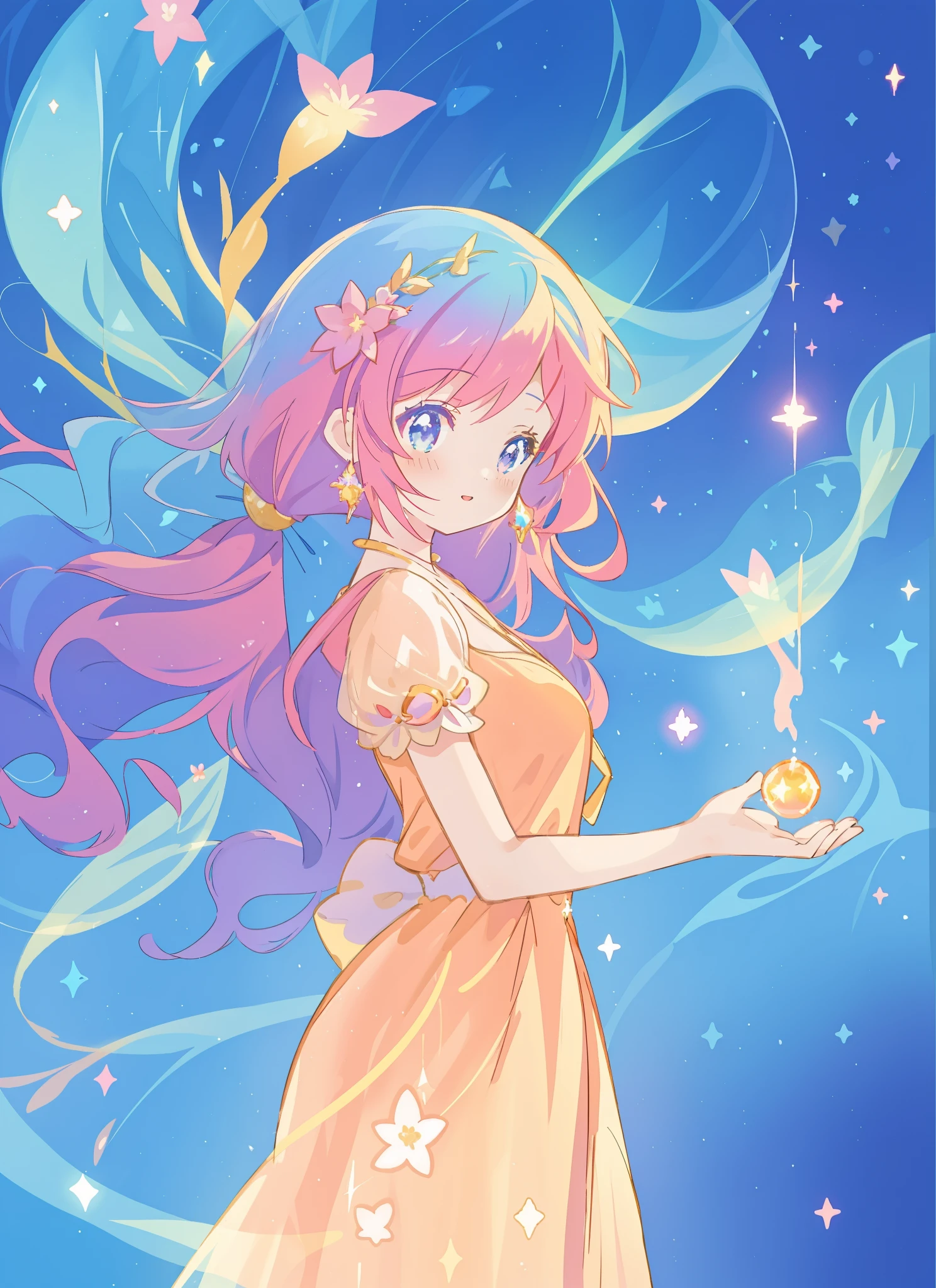 beautiful girl in gold orange ballgown, long sparkling liquid blue purple pink hair, colorful fantasia background, watercolor illustration, disney art style, glowing aura around her, glowing lights, beautiful digital illustration, fantasia otherworldly landscape plants flowers, beautiful, masterpiece, best quality, anime disney style