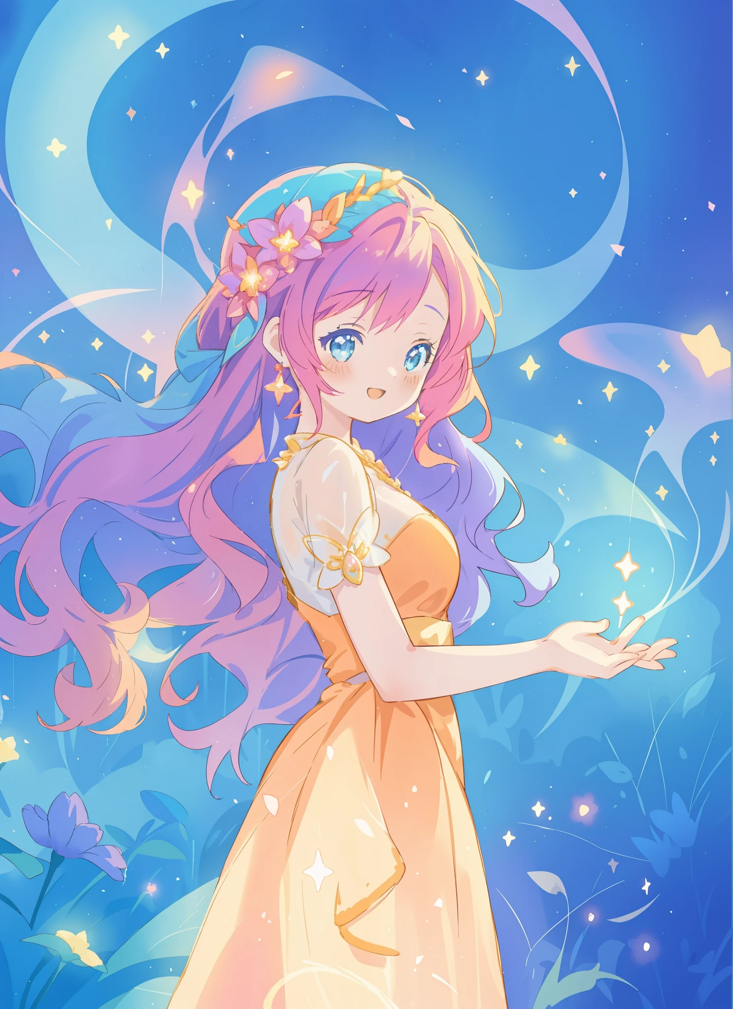 beautiful girl in gold orange ballgown, long sparkling liquid blue purple pink hair, colorful fantasia background, watercolor illustration, disney art style, glowing aura around her, glowing lights, beautiful digital illustration, fantasia otherworldly landscape plants flowers, beautiful, masterpiece, best quality, anime disney style