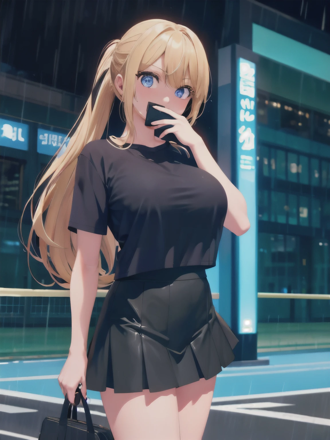 1woman,Standing in the city,rainy,midday,half body photo,close up, black t-shirt,black mini skirt,tennis skirt,Very big breasts,Blonde hair,long hair,ponytail,bangs,blue eyes,ultra detail,ultra Hd, masterpiece,4k