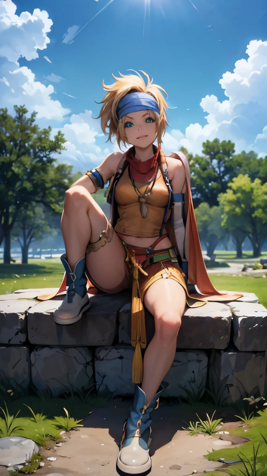 Rikku, the vibrant and lively Vygasian heroine from Final Fantasy X-2, is depicted in this stunning image. She sits confidently on an old stone wall, with one leg crossed over the other, exuding an aura of strength and determination. A gentle breeze playfully ruffles her short bobbed hair, adding an element of dynamism to the scene. Rikku's trademark blue and white mini-dress adorned with loops and pockets is visible, as well as her signature bandana around her neck. With a smirk on her lips and her piercing blue eyes focused intently on the viewer, Rikku strikes an utterly captivating pose.