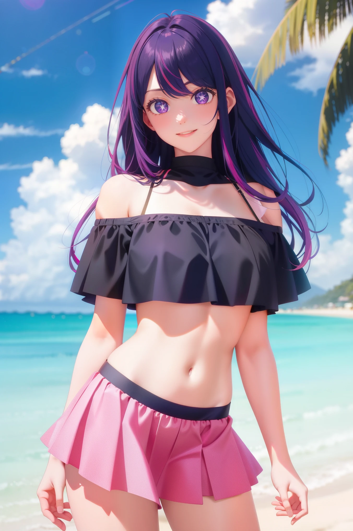 1girl, purple-pink hair, long hair ,Star eyes, Ai hoshino, masterpiece level work，Best Picture Quality，Facing the camera，ssmile，short skirt，Raised sexy，look straight at the camera，short black hair，perfect bodies，beachshop，Off-the-shoulder attire。Large breasts, revealing clothes, beautiful eyes, High quality, sexy pose, happy face, eye contact, skinny , perfect febric , realistic 