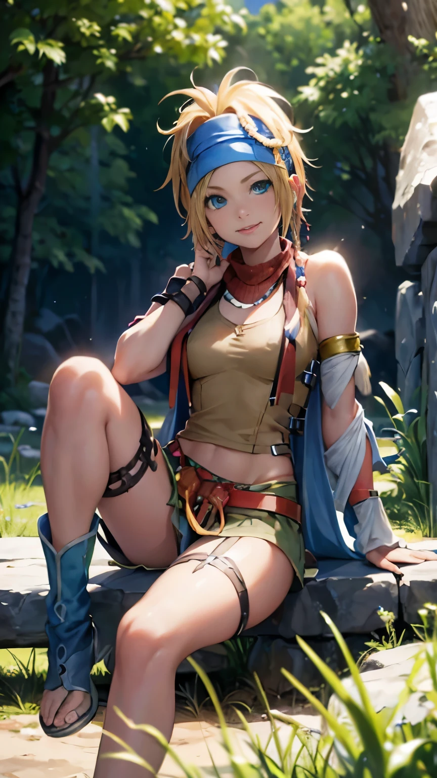 Rikku, the vibrant and lively Vygasian heroine from Final Fantasy X-2, is depicted in this stunning image. She sits confidently on an old stone wall, with one leg crossed over the other, exuding an aura of strength and determination. A gentle breeze playfully ruffles her short bobbed hair, adding an element of dynamism to the scene. Rikku's trademark blue and white mini-dress adorned with loops and pockets is visible, as well as her signature bandana around her neck. With a smirk on her lips and her piercing blue eyes focused intently on the viewer, Rikku strikes an utterly captivating pose.