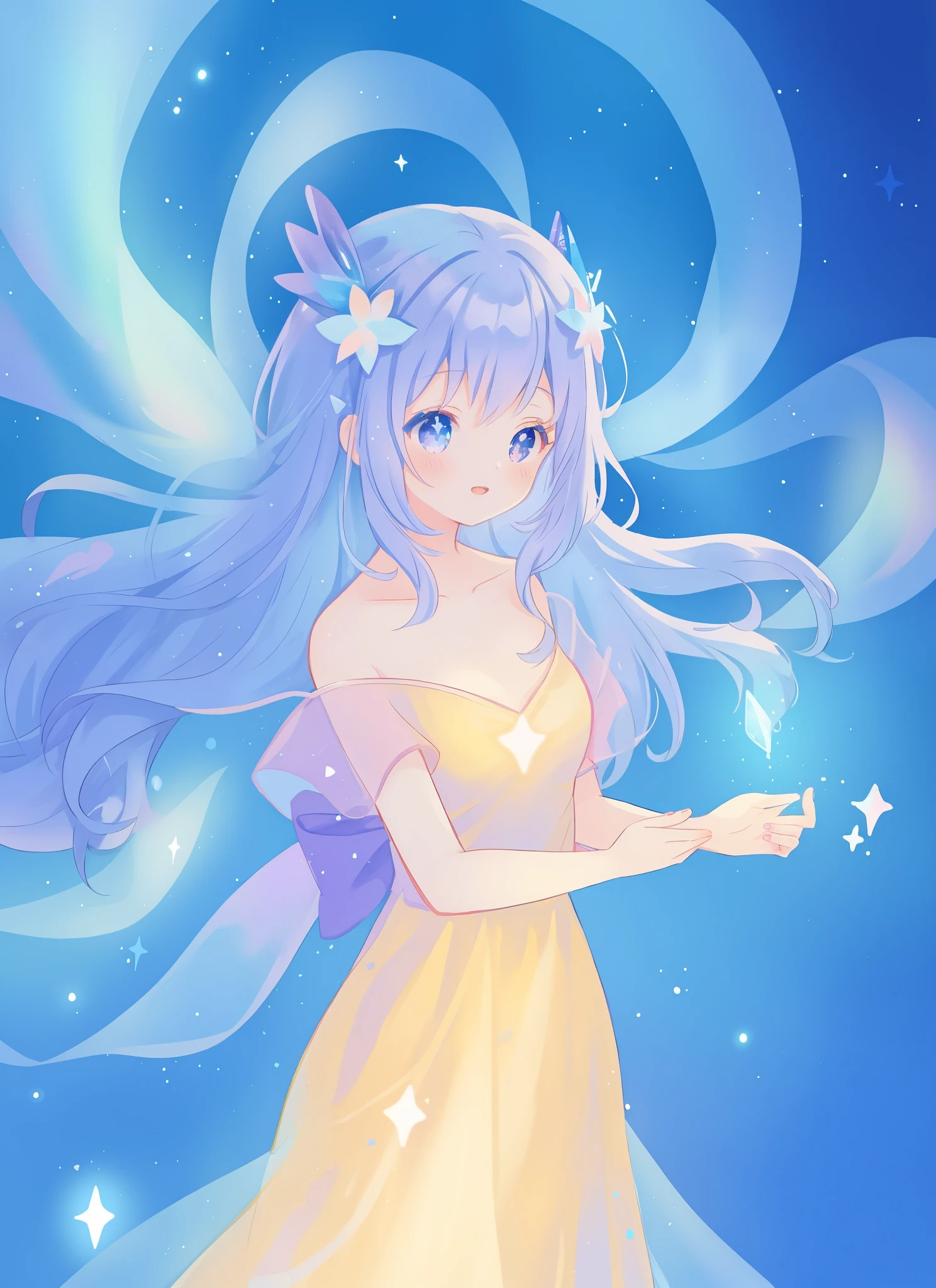 beautiful girl in flowing dress, long sparkling liquid blue purple hair, sparkling otherworldly liquid background, colorful fantasia background, watercolor illustration, disney art style, glowing aura around her, glowing lights, beautiful digital illustration, fantasia otherworldly, beautiful, masterpiece, best quality, anime disney style