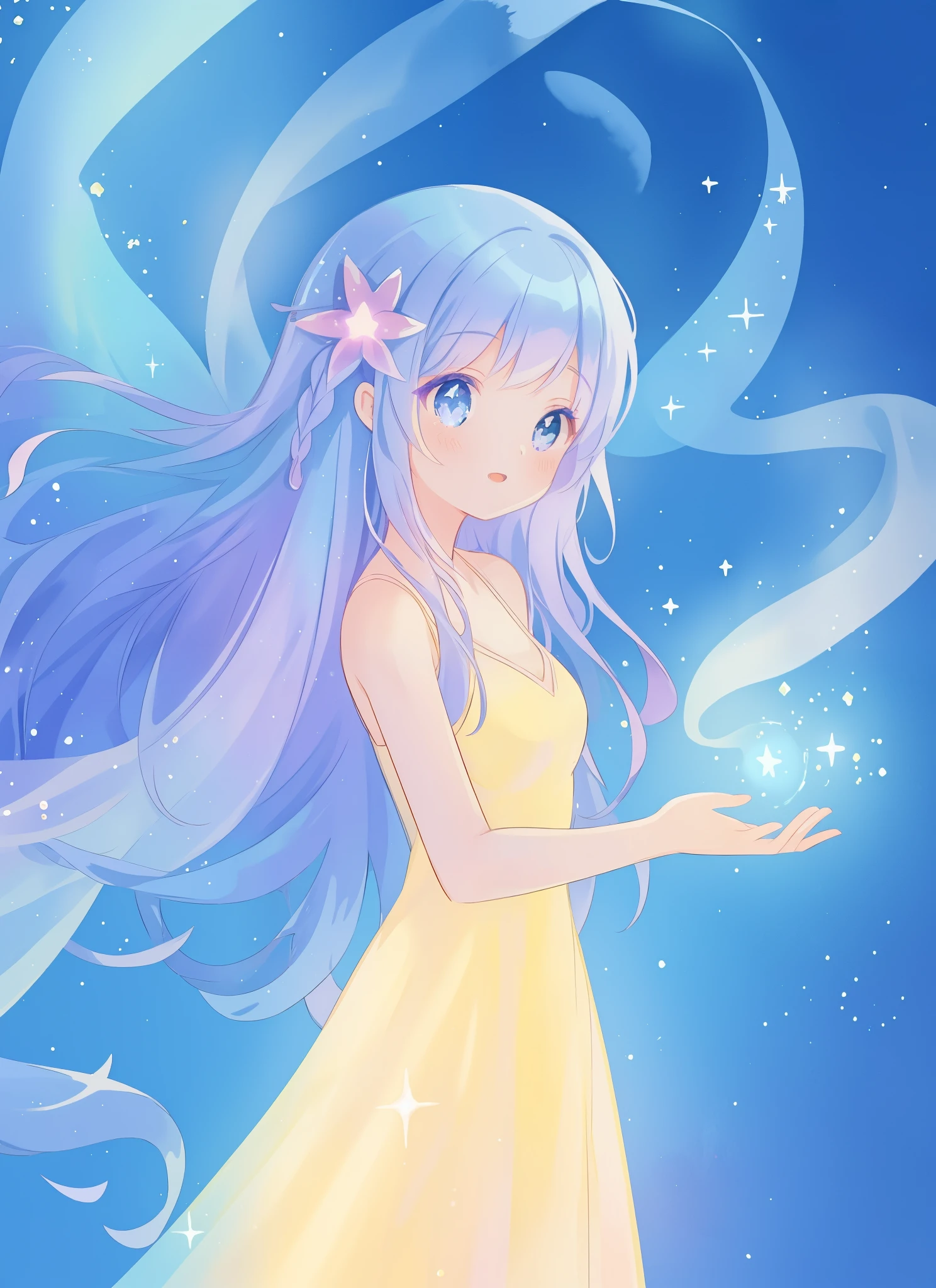beautiful girl in flowing dress, long sparkling liquid blue purple hair, sparkling otherworldly liquid background, colorful fantasia background, watercolor illustration, disney art style, glowing aura around her, glowing lights, beautiful digital illustration, fantasia otherworldly, beautiful, masterpiece, best quality, anime disney style