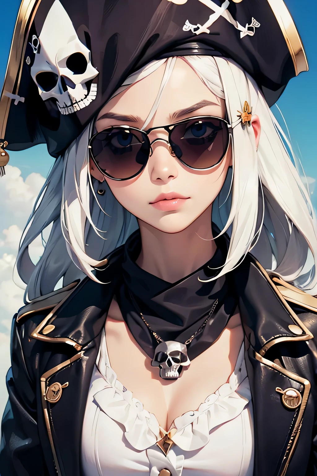 stylish design, cute lovely pirate skull, focus on the face, Stylish sunglasses, Fashionable hats, beautiful flower, highest quality