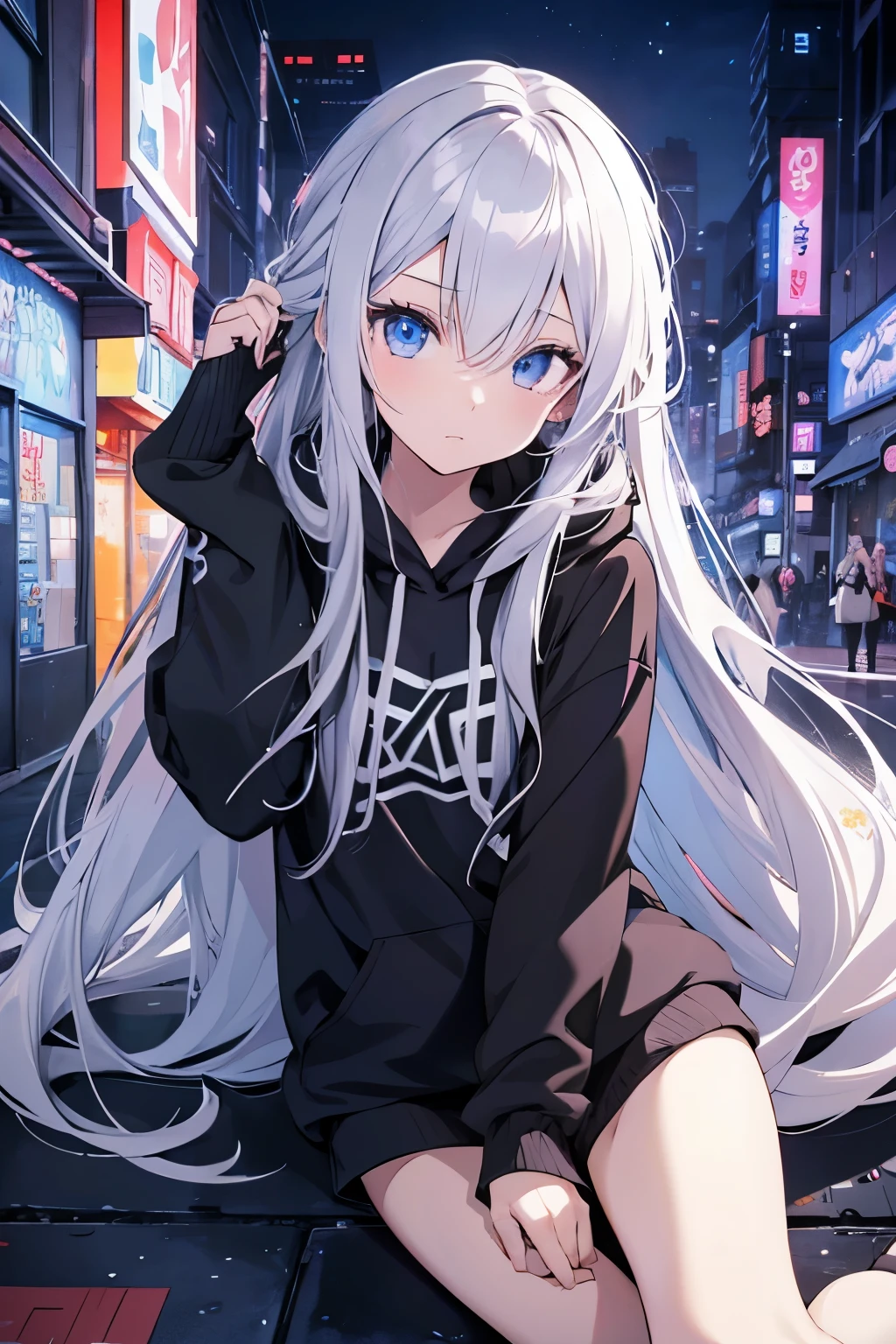 White pantyhose,White hair,Long hair,Cat ear,Heterochromia blue-red,Smile,Female face,There are bright spots in the eyes,Female hands,White little hands,Normal fingers,flat chest,Gray-black coat,With a hood,blue halo,night