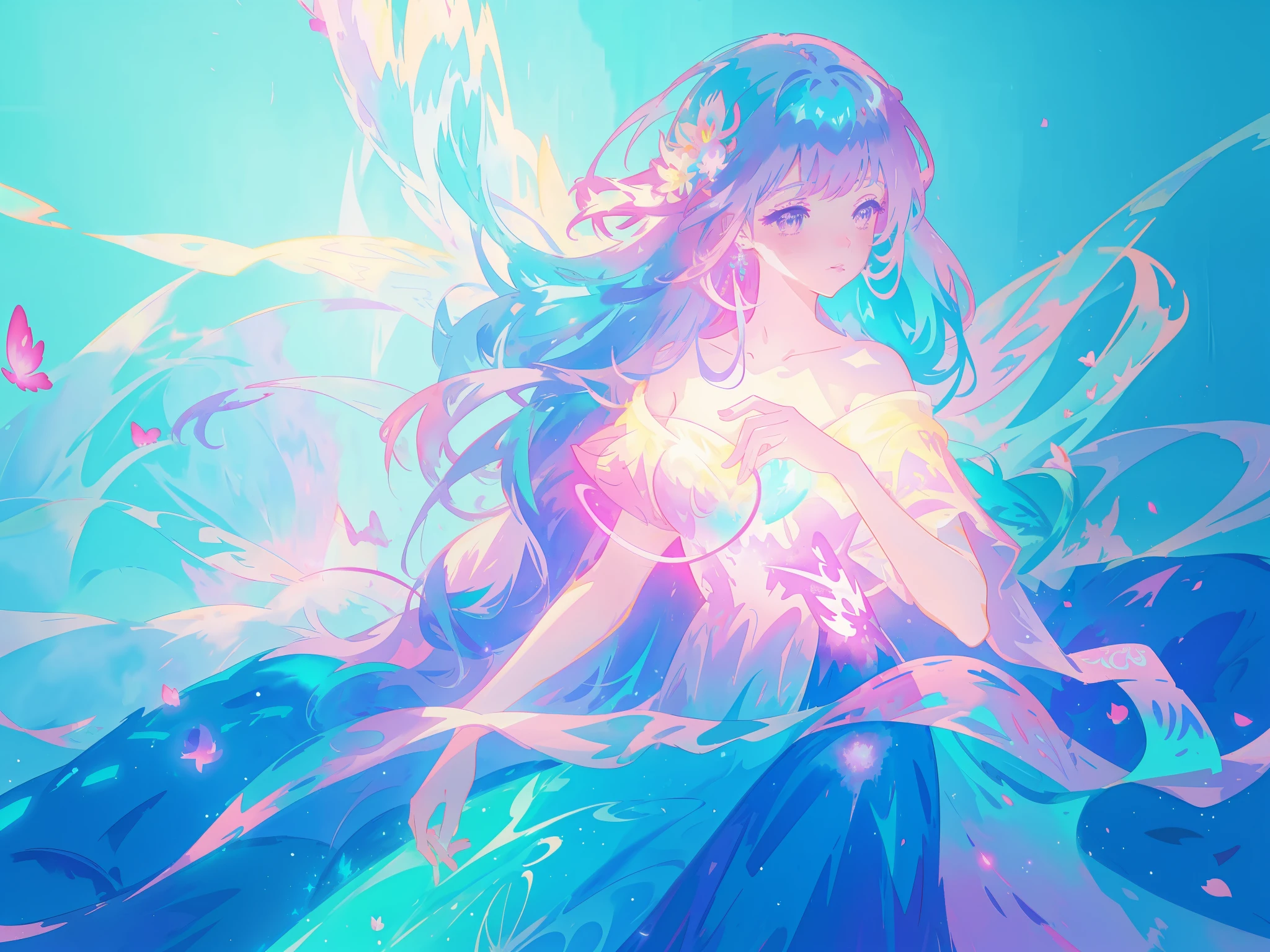 beautiful girl in colorful gradient flowing sparkling dress, long flowing blue purple pink white hair, colorful fantasia background, watercolor illustration, disney art style, glowing aura around her, glowing lights, beautiful digital illustration, fantasia otherworldly landscape plants flowers, beautiful, masterpiece, best quality, anime disney style
