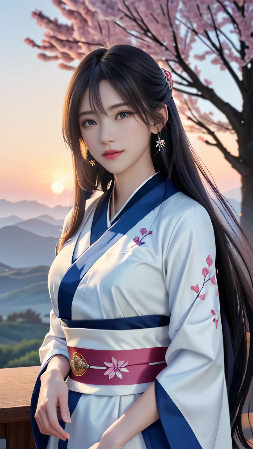 (logo, masterpiece, 8k, table top, RAW photo, wonderful, 最high quality, Photorealistic and hvery detailed CG integrated 8k wallpaper, high quality, very detailed, Narrative poem, particle effects, dynamic effects, Depth of written boundary, cinematic light, Lens flare, ray tracing, anatomically accurate)), fantasy, 1 beautiful woman, black hair, clear eyes, long hair, beautiful face, real face, 緻密でbeautiful eyes, beautiful skin, long hairがWindでなびく, long hairが跳ねる, long hairがWindで踊る, hair jump, jewelry, beautiful eyes, white kimono, white obi, White cherry blossom embroidery pattern, silver earrings, Wind, blue sky, beautiful background, 古代のWind, Xianxia, pink cherry tree, petals dance, SakuraFubuki, Spectacular view, sunrise, sun on background, Wind, god々, god話, vast land