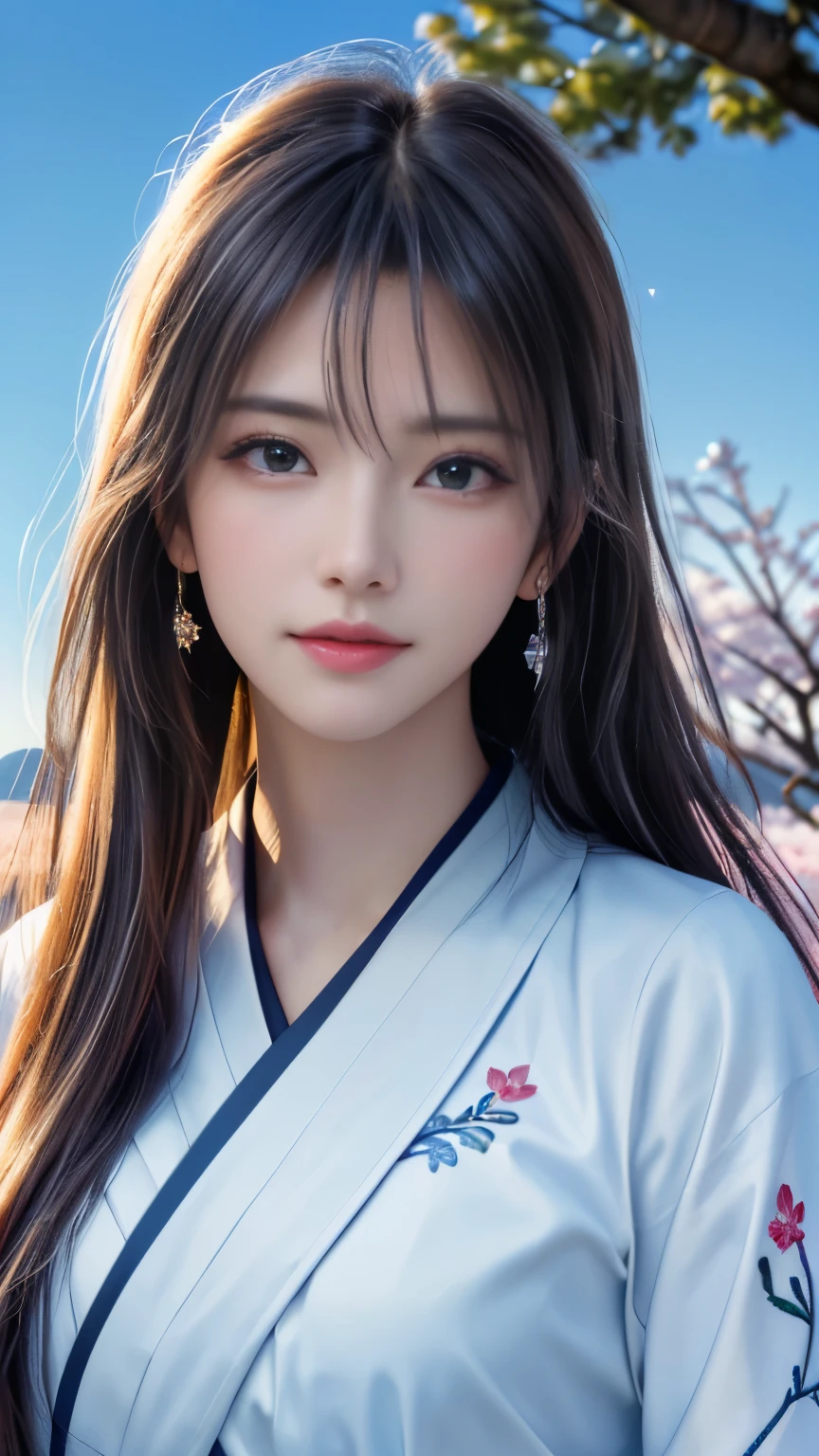 (logo, masterpiece, 8k, table top, RAW photo, wonderful, 最high quality, Photorealistic and hvery detailed CG integrated 8k wallpaper, high quality, very detailed, Narrative poem, particle effects, dynamic effects, Depth of written boundary, cinematic light, Lens flare, ray tracing, anatomically accurate)), fantasy, 1 beautiful woman, black hair, clear eyes, long hair, beautiful face, real face, 緻密でbeautiful eyes, beautiful skin, long hairがWindでなびく, long hairが跳ねる, long hairがWindで踊る, hair jump, jewelry, beautiful eyes, white kimono, white obi, White cherry blossom embroidery pattern, silver earrings, Wind, blue sky, beautiful background, 古代のWind, Xianxia, pink cherry tree, petals dance, SakuraFubuki, Spectacular view, sunrise, sun on background, Wind, god々, god話, vast land
