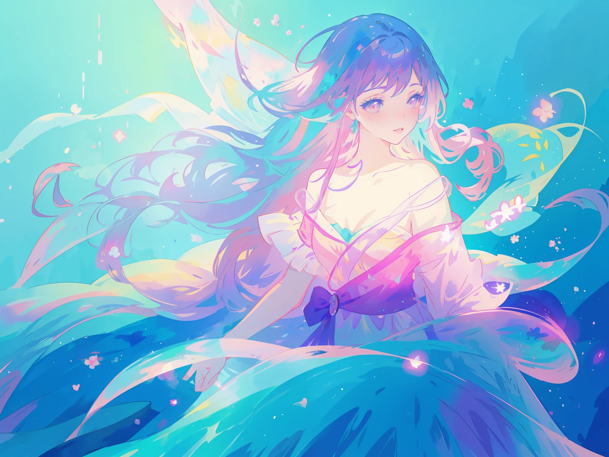 beautiful girl in colorful gradient flowing sparkling dress, long flowing blue purple pink white hair, colorful fantasia background, watercolor illustration, disney art style, glowing aura around her, glowing lights, beautiful digital illustration, fantasia otherworldly landscape plants flowers, beautiful, masterpiece, best quality, anime disney style