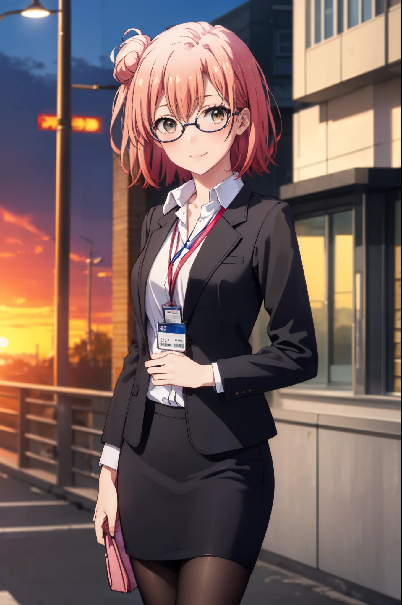 yuiyuigahama, yui yuigahama, short hair, (brown eyes:1.5), (pink hair:1.2), bun hair, single bun hair, smile, (big breasts:1.2),
, OL,Braid, red glasses, end, black suit jacket, collared jacket, white dress shirt, collared shirt, neckline, button, strap, ID card on the neck, black pencil skirt, black pantyhose, stiletto heels,business bag,smile, blush, looking at the viewer,sunset,夕方  
break outdoors ,　　　　　　　　　　　　　　　break looking at viewer, (cowboy shot:1.5),
break (masterpiece:1.2), highest quality, High resolution, unity 8k wallpaper, (figure:0.8), (detailed and beautiful eyes:1.6), highly detailed face, perfect lighting, Very detailed CG, (perfect hands, perfect anatomy),