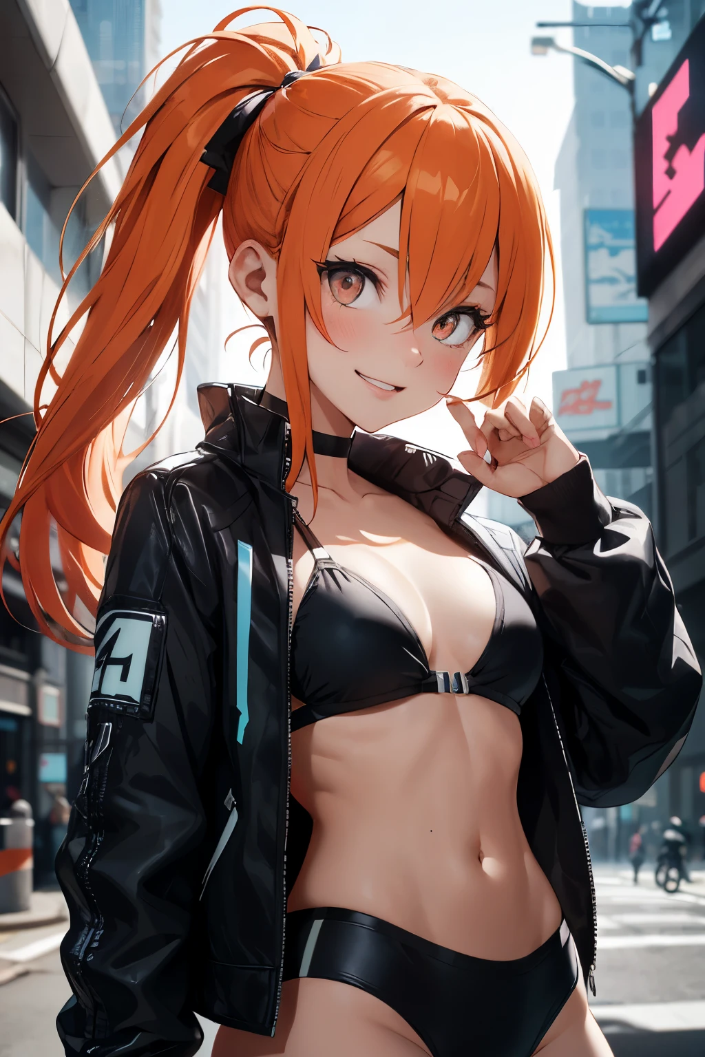 Draw a manga-style character with a physical appearance with this form of the hair Orange with black highlights, tied into two ponytails shaped like jaws, similar to Mawile from Pokémon, Pink color eyes, bright, and expressive and Build Slim and athletic, Attire Upper Body White leather jacket with cyberpunk details, such as integrated LED lights or futuristic lines, Lower Body Sporty bikini in orange, white, and black colors, blending with the cyberpunk style while allowing freedom of movement for physical activities, Personality Creative and curious Always seeking new experiences and forms of expression, Her creative mind drives her to constantly explore new ideas and concepts,glow bikini suggestive, white skin girl,smile coquette, small , ojos color rosa