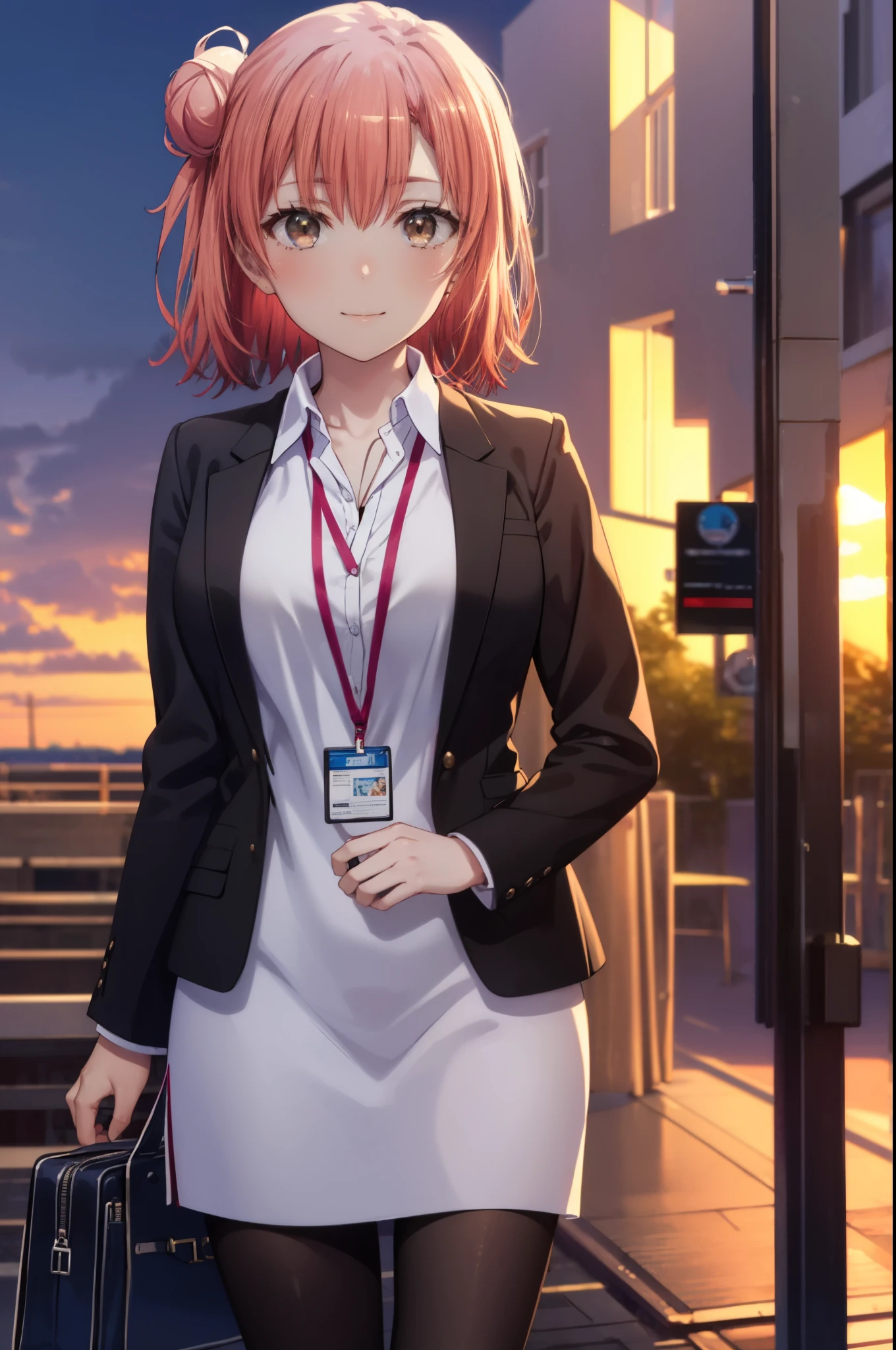 yuiyuigahama, yui yuigahama, short hair, (brown eyes:1.5), (pink hair:1.2), bun hair, single bun hair, smile, (big breasts:1.2),
, OL,Braid, red glasses, end, black suit jacket, collared jacket, white dress shirt, collared shirt, neckline, button, strap, ID card on the neck, black pencil skirt, black pantyhose, stiletto heels,business bag,smile, blush, looking at the viewer,sunset,夕方  
break outdoors ,　　　　　　　　　　　　　　　break looking at viewer, (cowboy shot:1.5),
break (masterpiece:1.2), highest quality, High resolution, unity 8k wallpaper, (figure:0.8), (detailed and beautiful eyes:1.6), highly detailed face, perfect lighting, Very detailed CG, (perfect hands, perfect ???????),