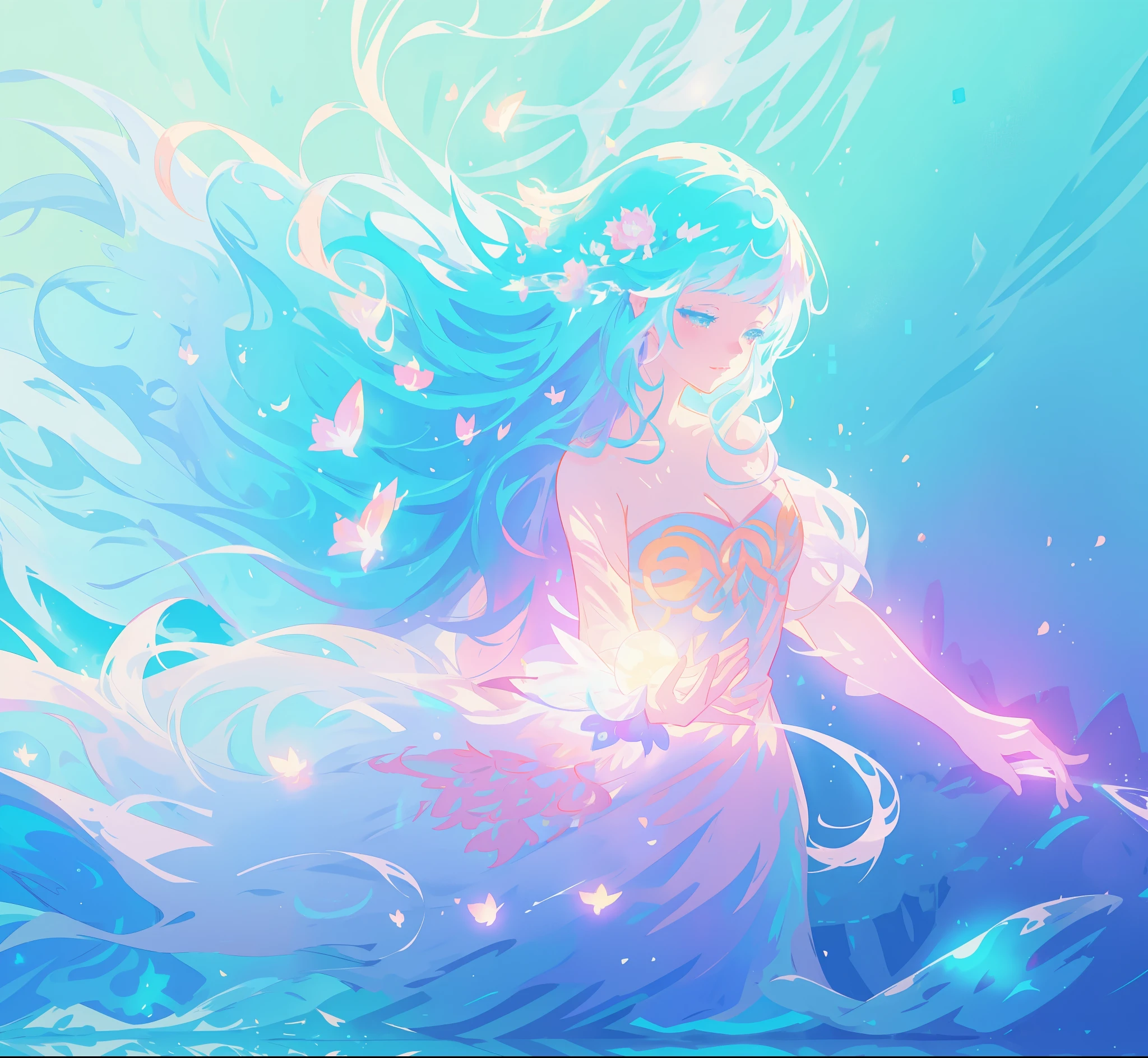 beautiful anime girl in glowing intricately designed ballgown, inspired by Glen Keane, inspired by Lois van Baarle, disney art style, by Lois van Baarle, glowing aura around her, by Glen Keane, jen bartel, glowing lights! digital painting, flowing glowing hair, glowing flowing hair, beautiful digital illustration, fantasia background, whimsical, magical, fantasy, beautiful face, ((masterpiece, best quality)), intricate details, highly detailed, sharp focus, 8k resolution, sparkling detailed eyes, liquid watercolor