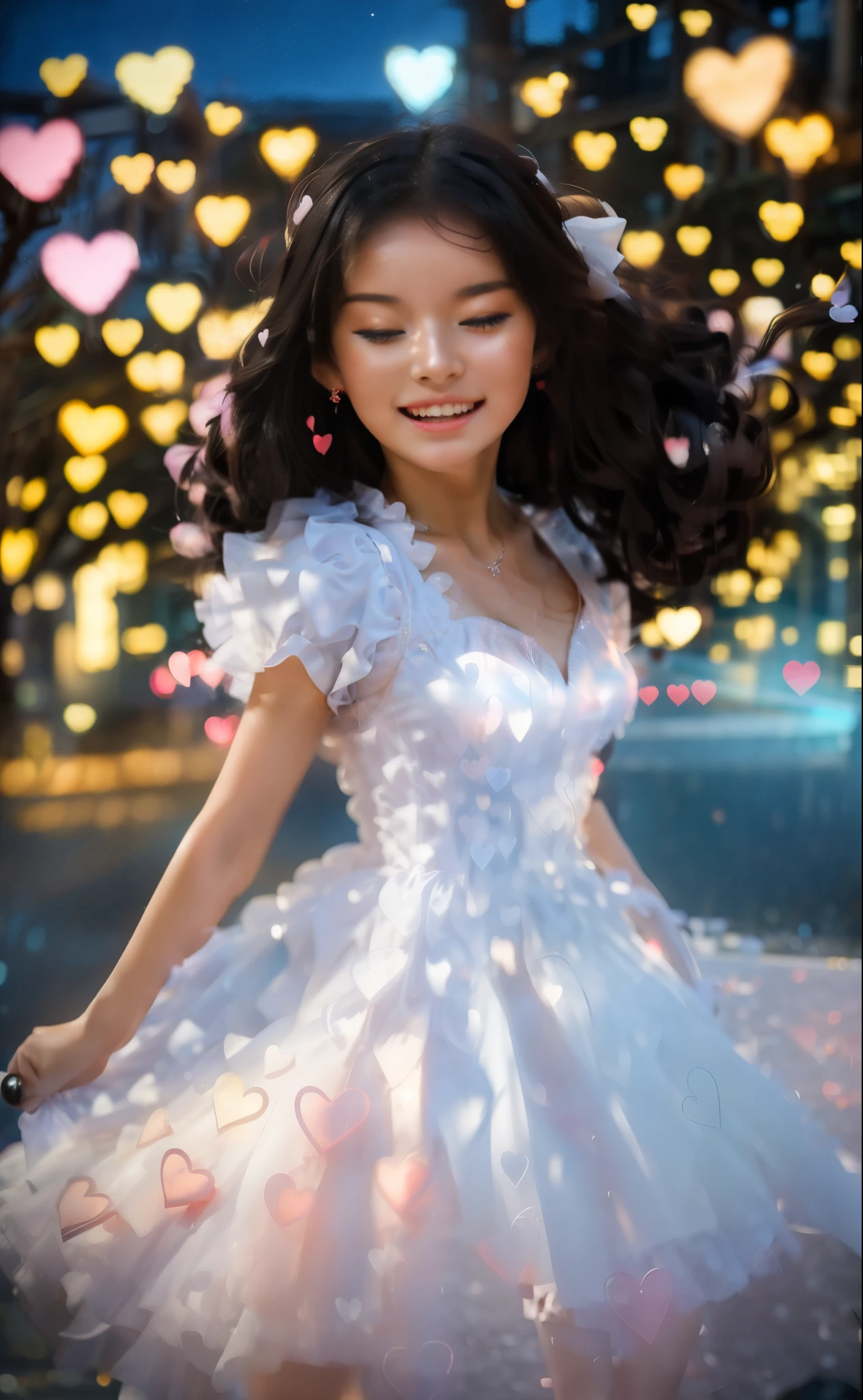 16K, Masterpiece, photorealism, a young woman stands in full height, a girl with dark long hair, she is happy, the girl is dressed in a white dress strewn with hearts, the location is city, in the bokeh form of hearts