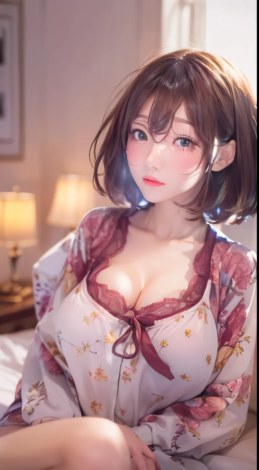 NSFW,((highest quality, 8k, masterpiece :1.3)), 1 girl, pretty woman with thin abs :1.3, (medium short hair, huge breasts :1.2), pajamas:1.1, super detailed face, fine eyes, 