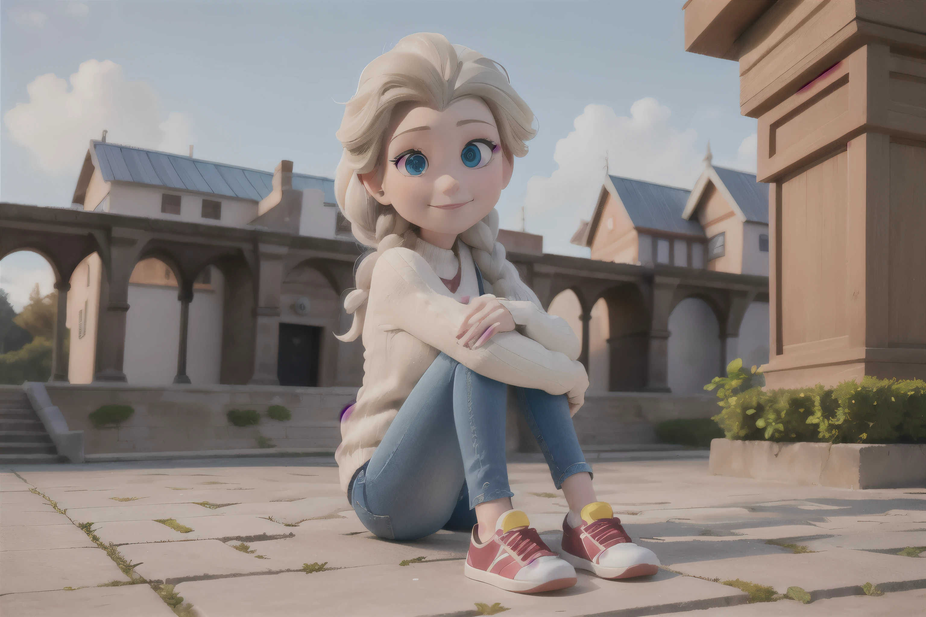 masterpiece, best quality, 1 girl, alone, (Elsa), gray hair, (sit on the floor), (Sit with your legs folded),tiao_sweater, jeans_Pants, sports shoes, School courtyard background, Smile, (looking at the audience), front face, Cheek on knee, whole body, innocent eyes