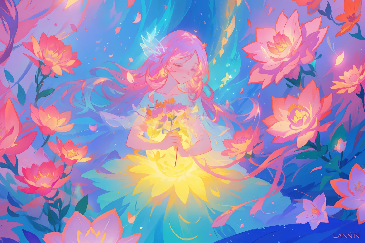 beautiful girl in flowing ballgown, flower fairy in a dress made of flower petals, flowers and colorful plants, inspired by Glen Keane, inspired by Lois van Baarle, disney art style, by Lois van Baarle, glowing aura around her, by Glen Keane, jen bartel, glowing lights! digital painting, flowing glowing hair, glowing flowing hair, beautiful digital illustration, fantasia otherworldly landscape plants flowers, beautiful, masterpiece, best quality, anime disney style