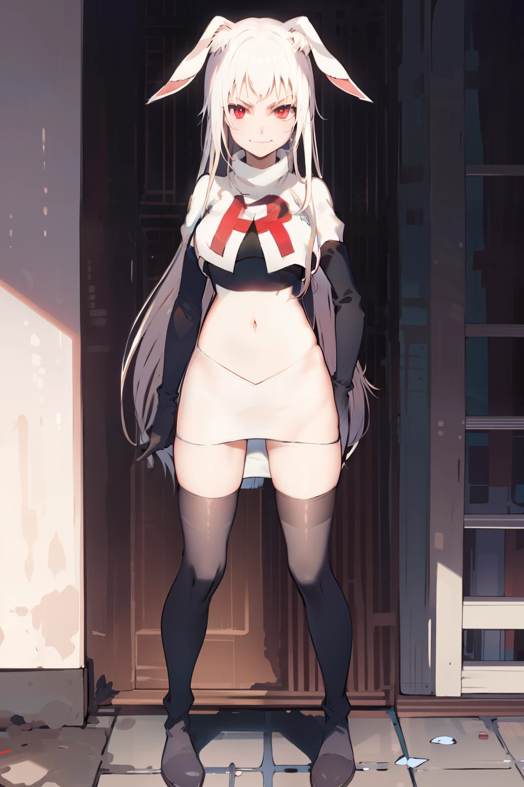 best quality, masterpiece, detailed, fantasy, 
tyuule,
closed mouth, smirk,
white hair, very long hair, rabbit ears, red eyes, rabbit tail,
navel, team rocket,team rocket uniform, red letter R, white skirt,white crop top,black thigh-highs,black elbow gloves
 looking at the viewer,