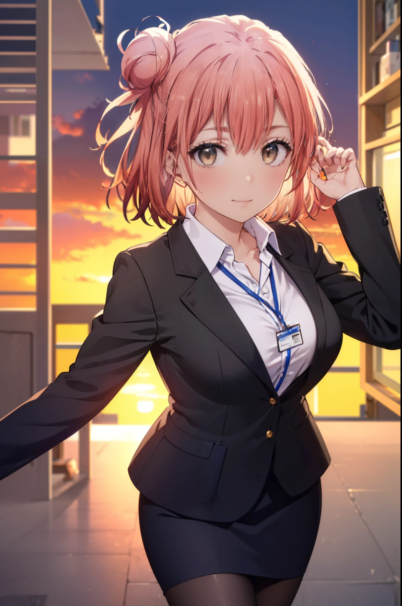 yuiyuigahama, yui yuigahama, short hair, (brown eyes:1.5), (pink hair:1.2), bun hair, single bun hair, smile, (big breasts:1.2),
, OL, black suit jacket, collared jacket, white dress shirt, collared shirt, neckline, button, strap, ID card on the neck, black pencil skirt, black pantyhose, stiletto heels,business bag,smile, blush, looking at the viewer,sunset,夕方
break outdoors , break looking at viewer, (cowboy shot:1.5),
break (masterpiece:1.2), highest quality, High resolution, unity 8k wallpaper, (figure:0.8), (detailed and beautiful eyes:1.6), highly detailed face, perfect lighting, Very detailed CG, (perfect hands, perfect anatomy),