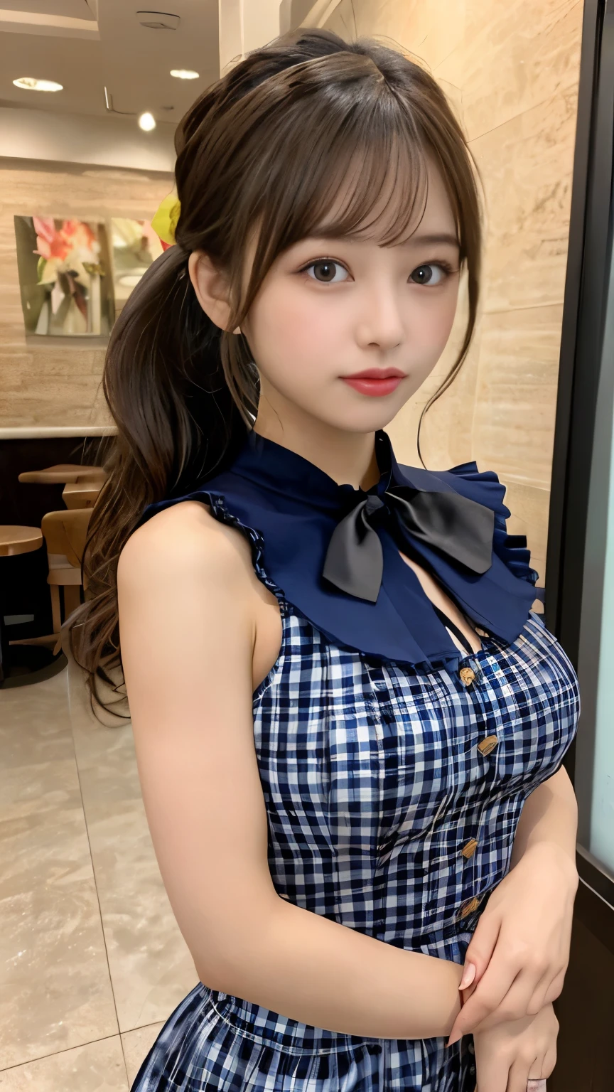 (Masseter muscle part、highest quality、Mysterious、Beautiful and cute、perfect human body balance、official art:1.2)、(1 girl:1.3)、(big breasts:1.2)、shiny skin、cute gesture、(Navy plaid lolita dress with detailed ruffles:1.4)、(In front of the cafe:1.3)、(Tie a high ponytail with a ribbon:1.3)、(masterpiece portrait)、Japanese、、brown eyes)、exotic wallpaper、Very chic、abstract background、Fantastic