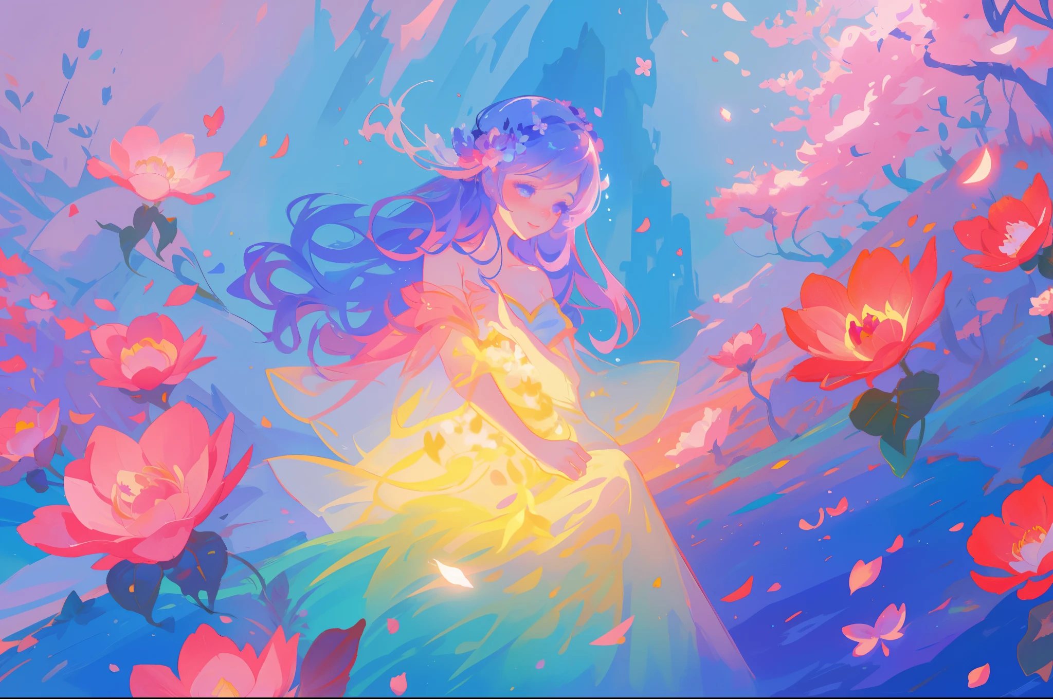 beautiful girl in flowing ballgown, flower fairy in a dress made of flower petals, flowers and colorful plants, inspired by Glen Keane, inspired by Lois van Baarle, disney art style, by Lois van Baarle, glowing aura around her, by Glen Keane, jen bartel, glowing lights! digital painting, flowing glowing hair, glowing flowing hair, beautiful digital illustration, fantasia otherworldly landscape plants flowers, beautiful, masterpiece, best quality, anime disney style