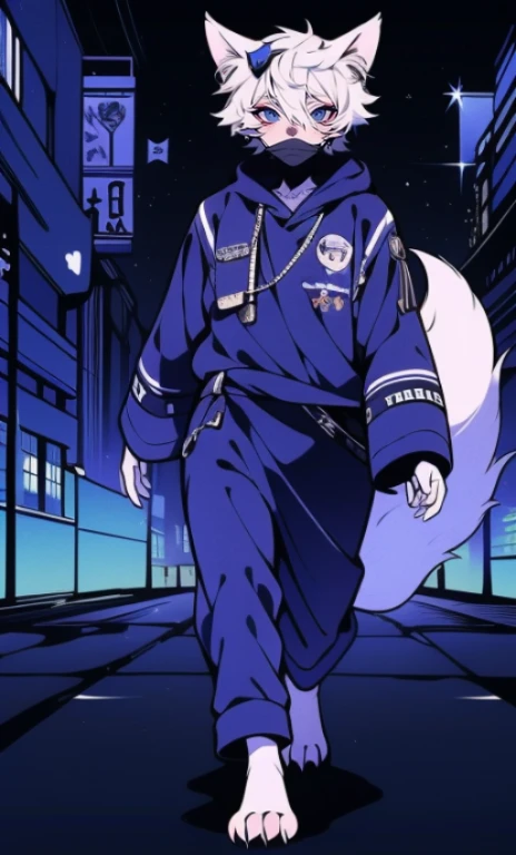 solo, 1boy,「white hair,cerulean blue」{{nighthawk mask}}, There's a man wearing a costume, fox tail farson!!!!, furry farson, furry characters, furry anime, costume!!!!, female Farson, furry paws furry, Furry shots, the furry is running, there is nothing, very hairy, furry artist, upright, {{{Anthropomorphic Nue}}} virtual youtuber, full body