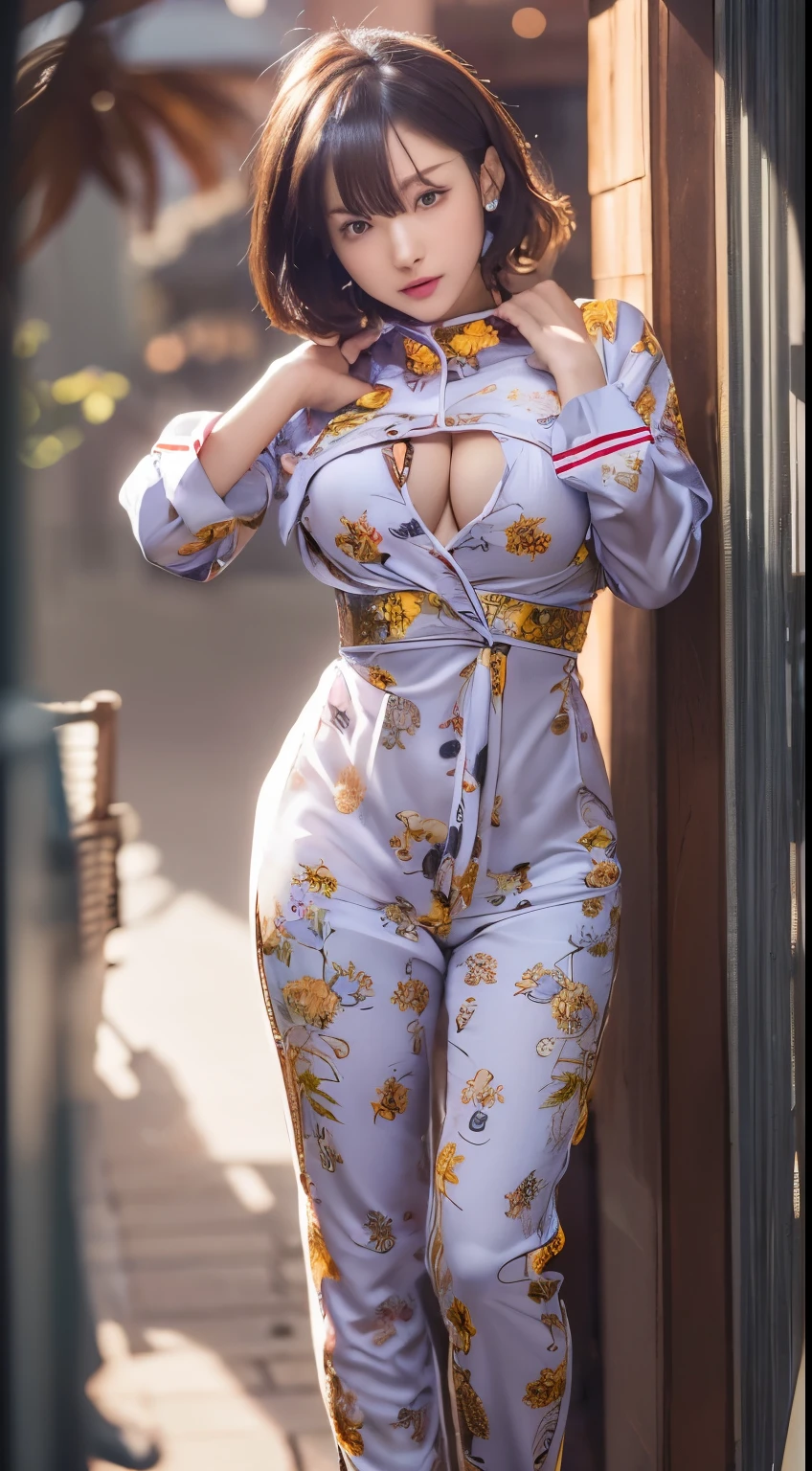 NSFW,((highest quality, 8k, masterpiece :1.3)), 1 girl, pretty woman with thin abs :1.3, (medium short hair, huge breasts :1.2), pajamas:1.1, super detailed face, fine eyes, outside,