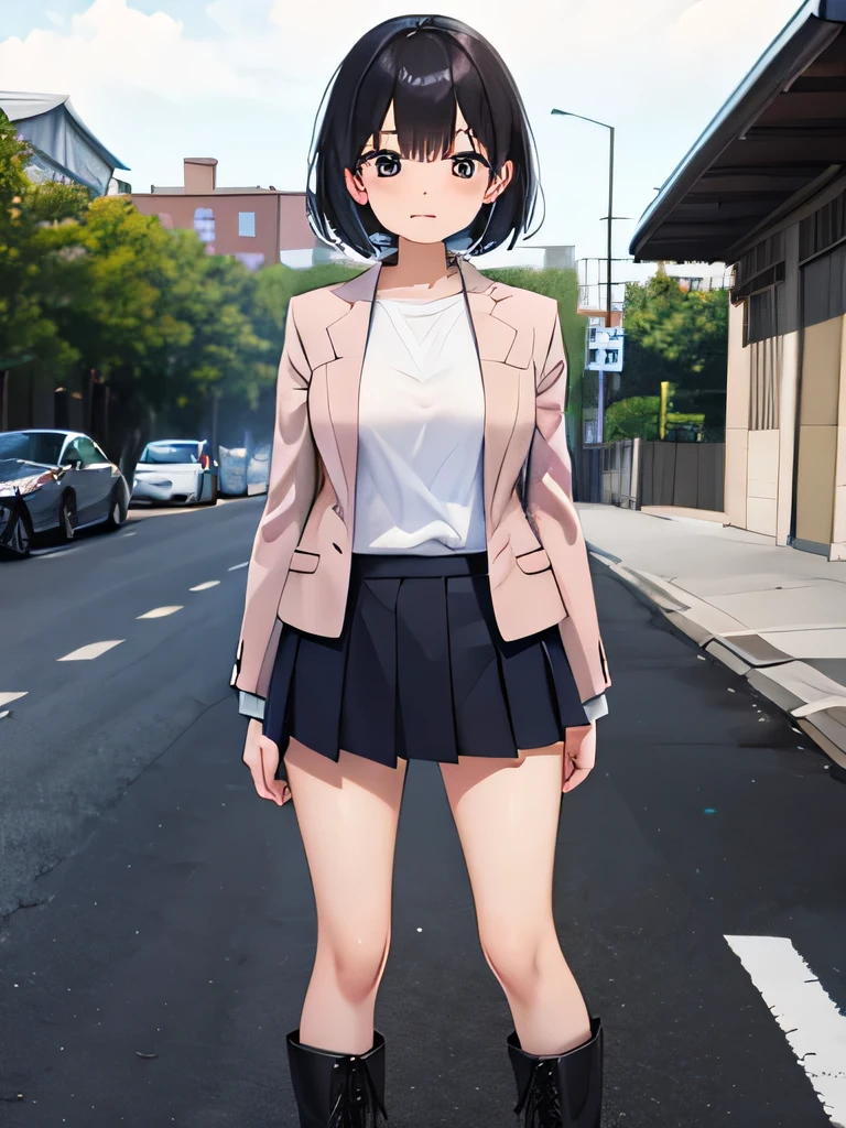 (1) A woman stands with her skirt rolled up、pink panties are visible.
(2) The woman is 22 years old、wearing a blazer, Turtle knit, pleated mini skirt and long boots.
(3) she has short black hair.
(4) her expression is shy.
(5) The location is an open space in the company's covered parking lot..
