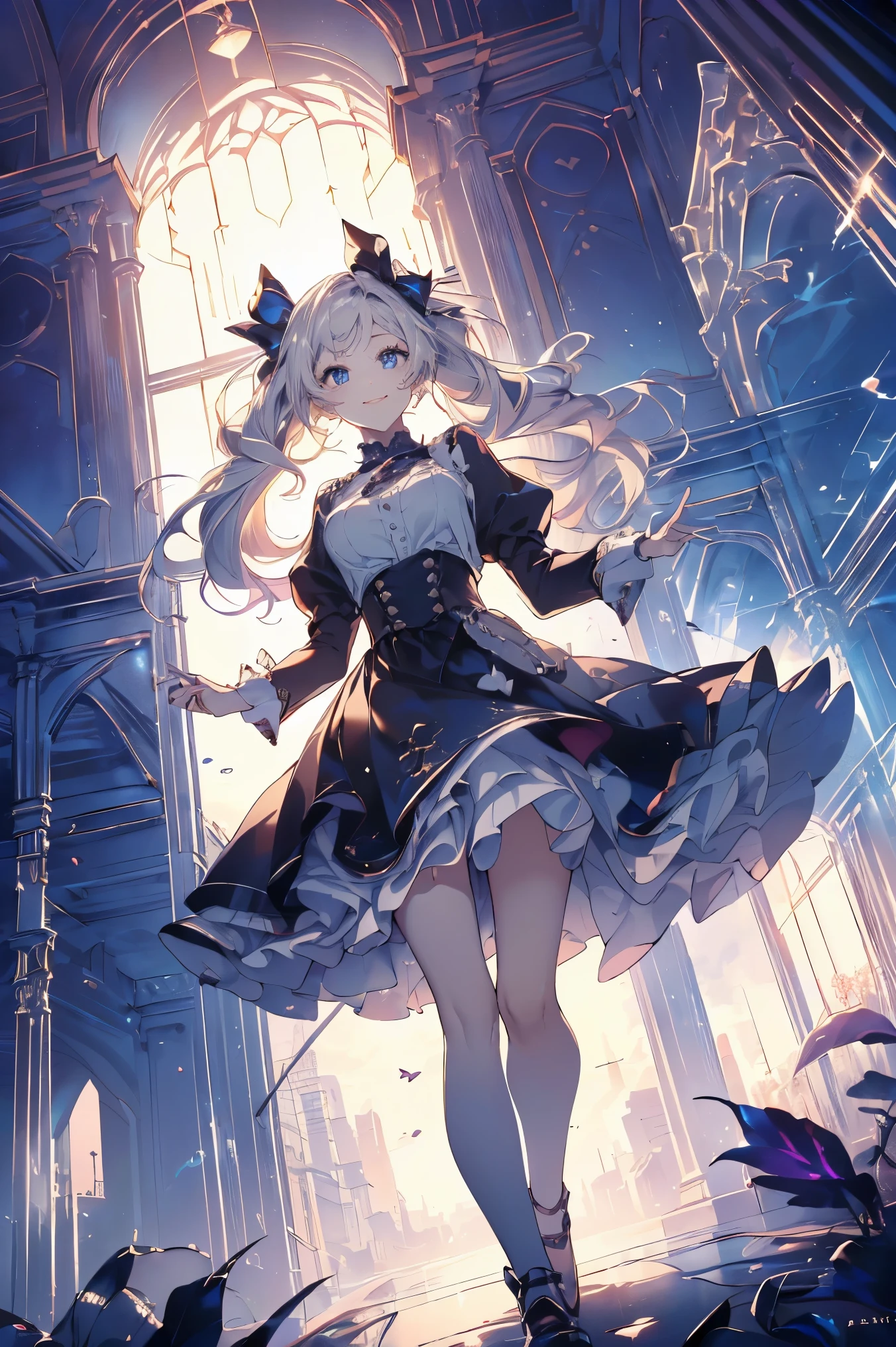 (master piece, high-quality, Mystical, long legs:1.2, ideal ratio of body proportions), (ultra high resolution, 8K RAW photo, photorealistics, natural lighting, textile shading), long shot photo:1.6, (1 beautiful anime girl:1.3, 16 years old, solo:1.6, milf:1.5, nsfw:1.2, full body:1.3), shinny skin, BREAK, ((alice in the wonderland:1.3, cute, kawaii, lovely, funny, a girl falling down from sky:1.7, girl flying in sky:1.5, girl floating in air:1.3, rolling upskirt by wind:1.5, (full smiling:1.3), surprised, putting hands on crotch over the skirts:1.35)), BREAK, ((floating things as follows, PlayingCards, Trump, tea cup, tea pot, tea spoons, pocket watch:1.3, lip sticks, candies:1.2, cookies, jam bottles, classical door_keys)), ((purply_Blue dress :1.5, wearing long flaired skirt:1.3, the skirt is blowing:1.3, White Apron, white stockingedium long platinum-blonde hair:1.2, twin tail hair:1.6, tied hair with a large ribbon), (Blue eyes, bright pupils with highlights, detailed eyes), (lying down on your back:1.6, spreading legs with rising up:1.5, straight legs:1.5), ((dutch angle:1.5, full body:1.3, crotch focus:1.3, from below:1.5, unbalance posing)), fantastic colorful art, (fantasy art:1.5, wondered images), ((correct anatomy:1.5, perfect anatomy:1.3, correct hand, small foot:1.2)), 