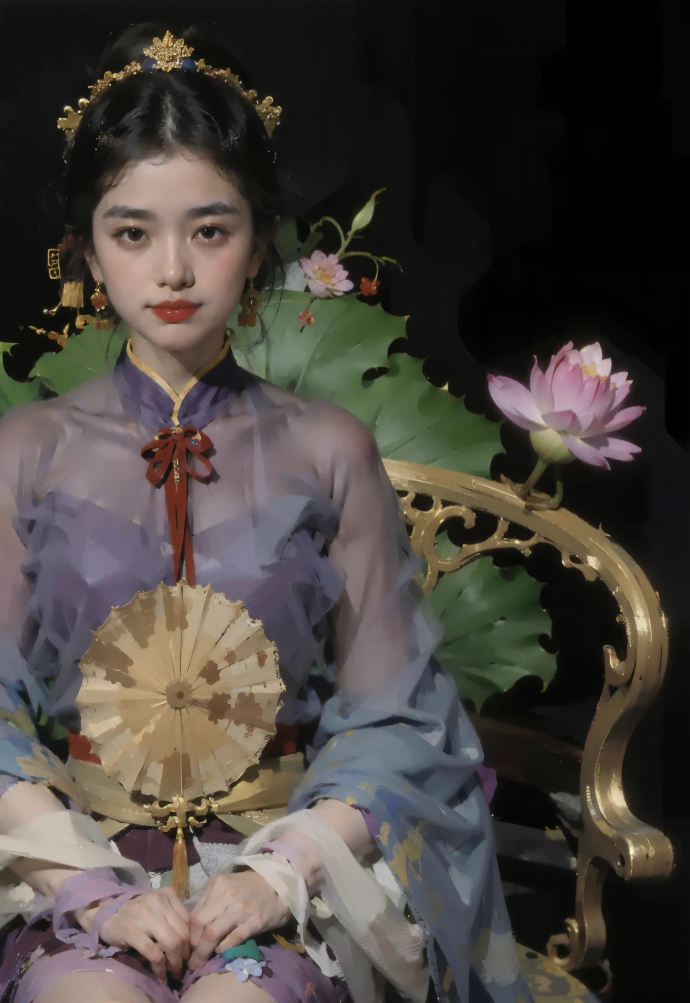 best quality,masterpiece,(painting:1.6)Wearing purple Hanfu,Fide woman wearing gauze skirt sitting on wooden sculpture chair,wood carving chair,背后有lotus以及lotus leaf,lotus,lotus leaf,Holding a round fan, queen of china, palace , girl wearing hanfu, chinese princess, Inspired by Yun Shouping, Inspired by Chen Rong, ancient chinese princess, Chen Jiru, Inspired by Zhang Xuan, chinese woman, beautiful fantasy queen, Gurwitz style artwork。Ancient Chinese clothes,chiffon,folding fan。美丽的folding fan。Holding round fan in hand (:1.5),(Amy Sole:0.248),(Stanley Ategg Liu:0.106),(a detailed painting:0.353),(文艺复兴古典painting风格:0.8)
\\
a woman with long black hair(Amy Sole:0.248), (Stanley Liu:0.106), (a detailed :0.353), (gothic art:0.106)(Amy Sole:0.248),(Stanley Ategg Liu:0.106),(a detailed painting:0.353),(文艺复兴古典painting风格:0.8)