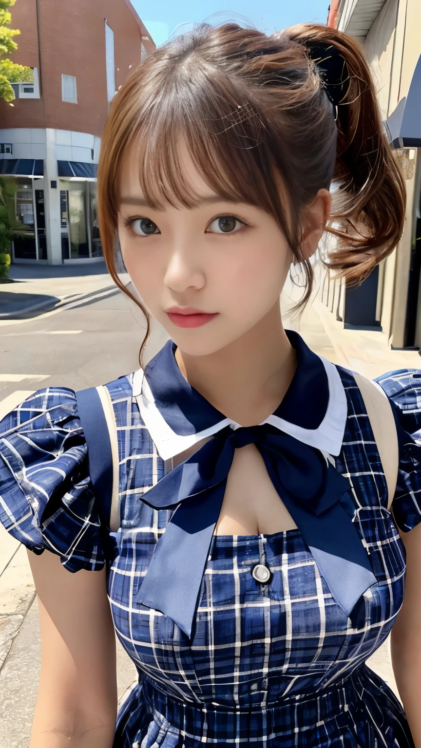 (Masseter muscle part、highest quality、Mysterious、beautiful beautiful、perfect human body balance、official art:1.2)、(1 girl:1.3)、(big breasts:1.2)、shiny skin、pattern、(Navy plaid lolita dress with detailed ruffles:1.2)、(In front of the cafe:1.3)、(Tie a high ponytail with a ribbon:1.3)、(masterpiece portrait)、Japanese、16 years old、brown eyes)、exotic wallpaper、Very chic、abstract background、Fantastic