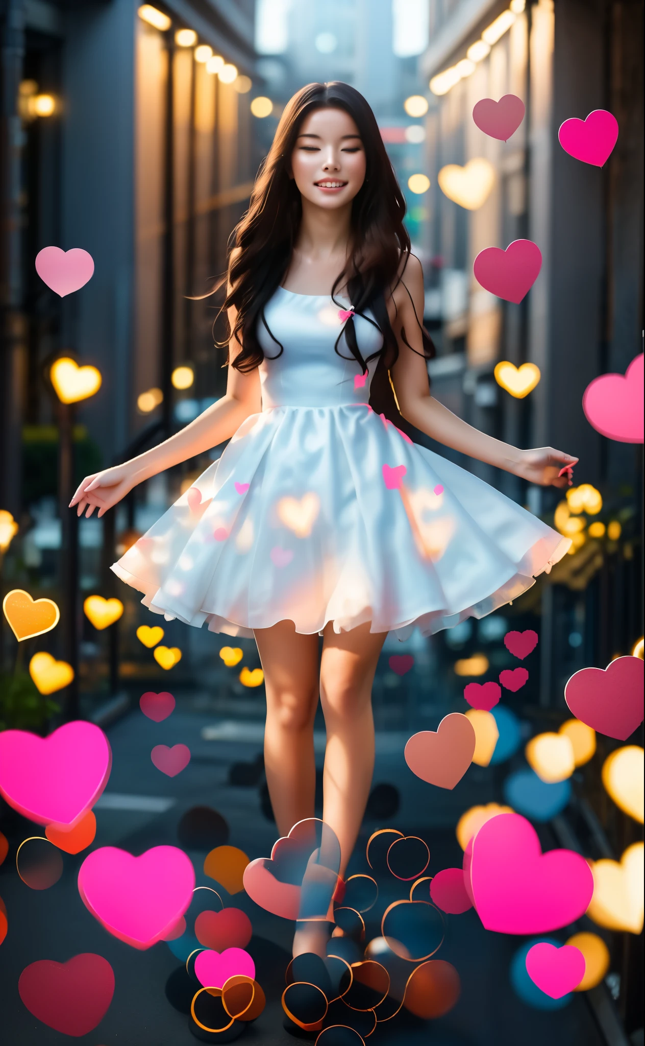 16K, Masterpiece, photorealism, a young woman stands in full height, a girl with dark long hair, she is happy, the girl is dressed in a white dress strewn with hearts, the location is city, in the bokeh form of hearts