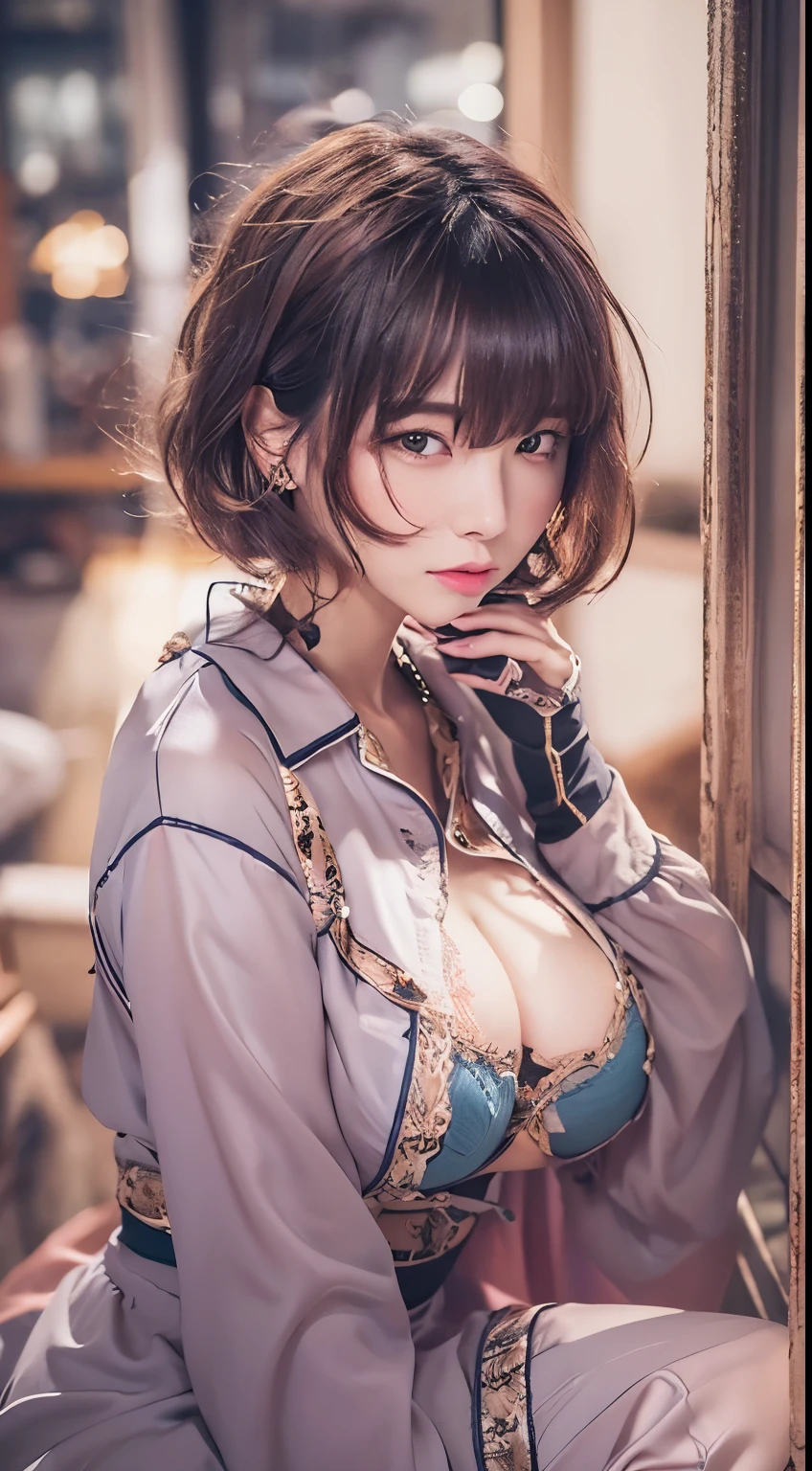 NSFW,((highest quality, 8k, masterpiece :1.3)), 1 girl, pretty woman with thin abs :1.3, (medium short hair, huge breasts :1.2), pajamas:1.1, super detailed face, fine eyes,