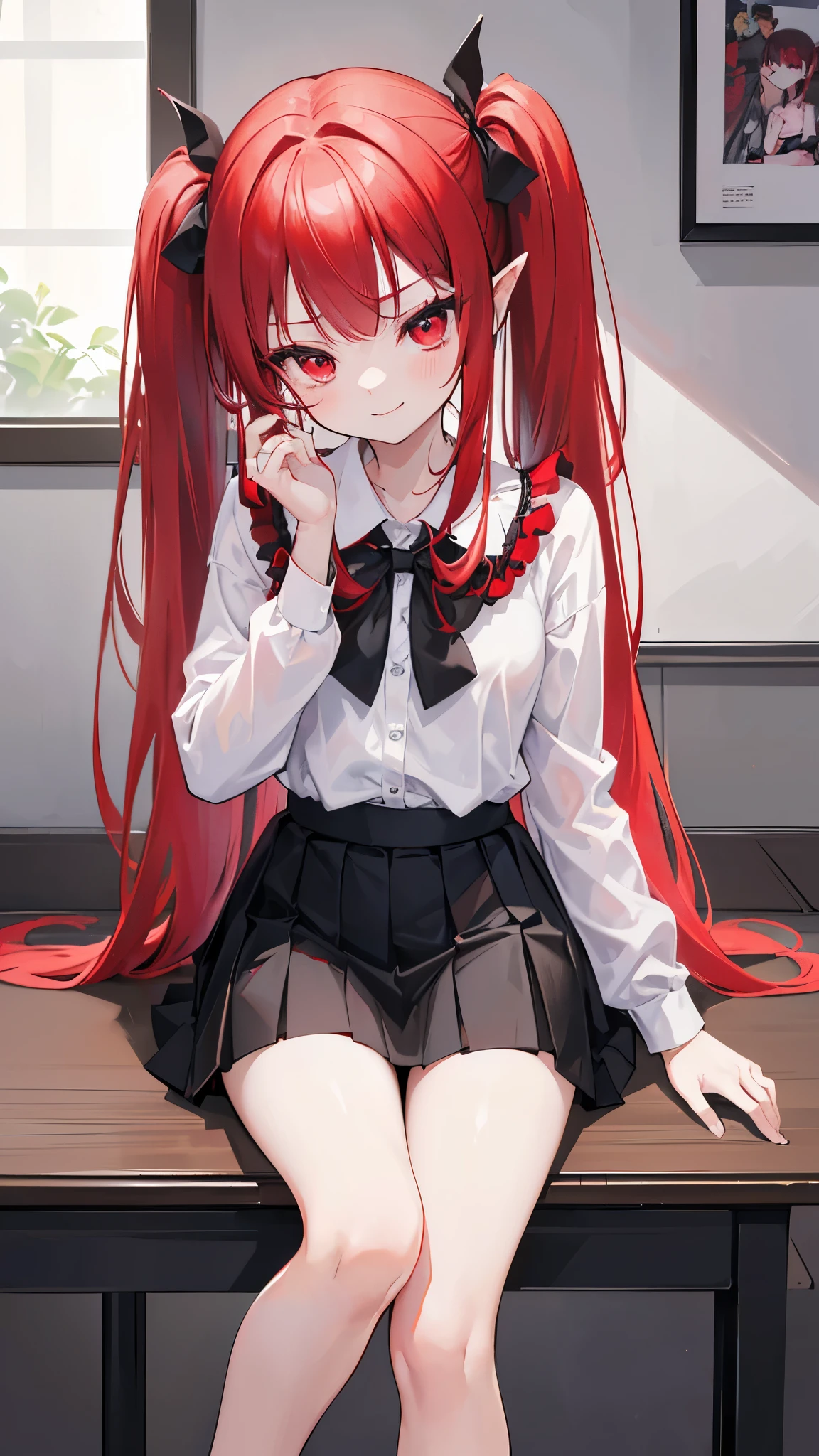 (8K、Highest image quality、highest quality、masterpiece)、detailed face、((one ))、red hair、twintails、red eyes、pointed ears、evil smile、((small breasts))、((open cloth white shirt))、black lace bra))、((black pleated skirt))、((miniskirt))、open legs、sit at desk、classroom background